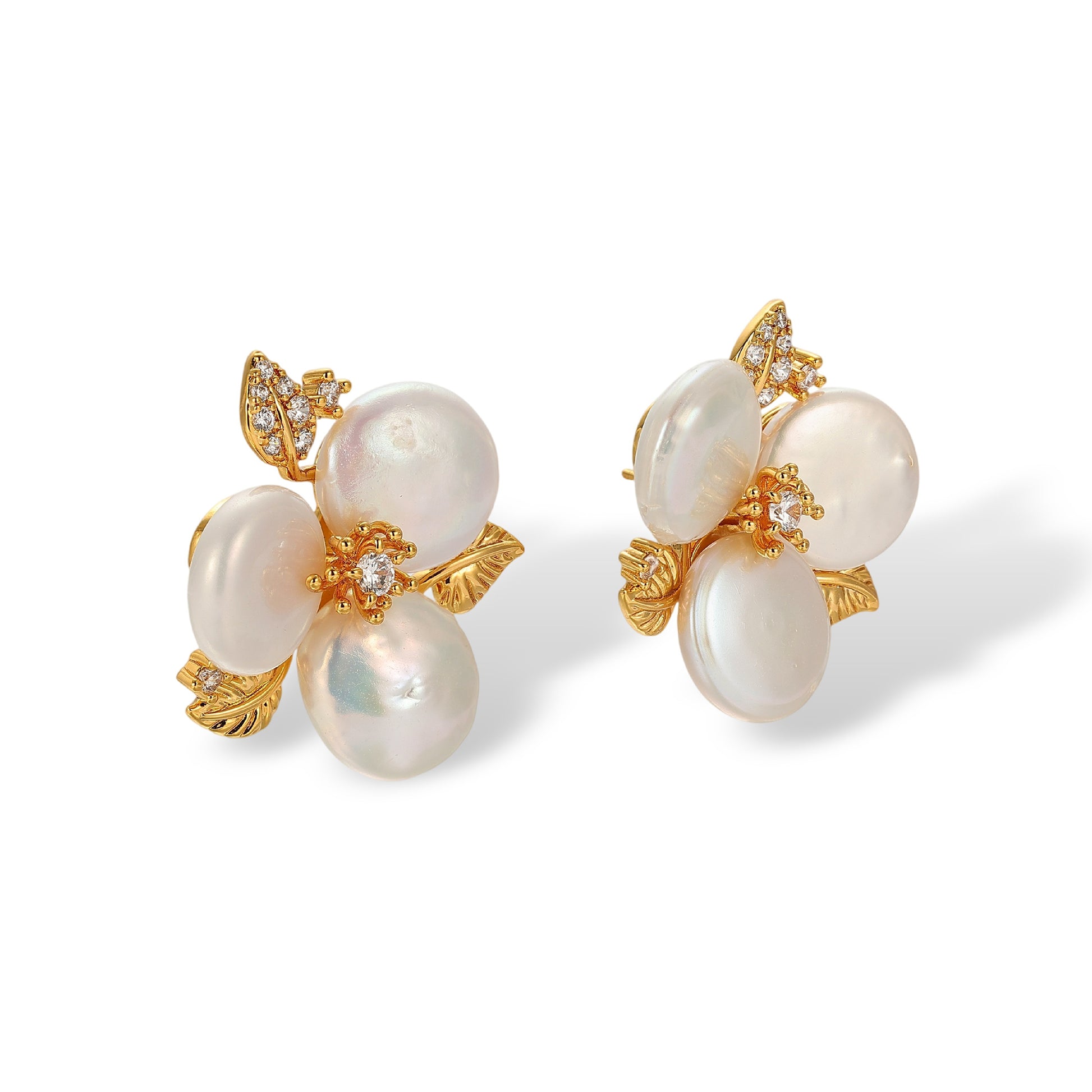 Chimènne White Baroque Pearl Floral Stud Earrings