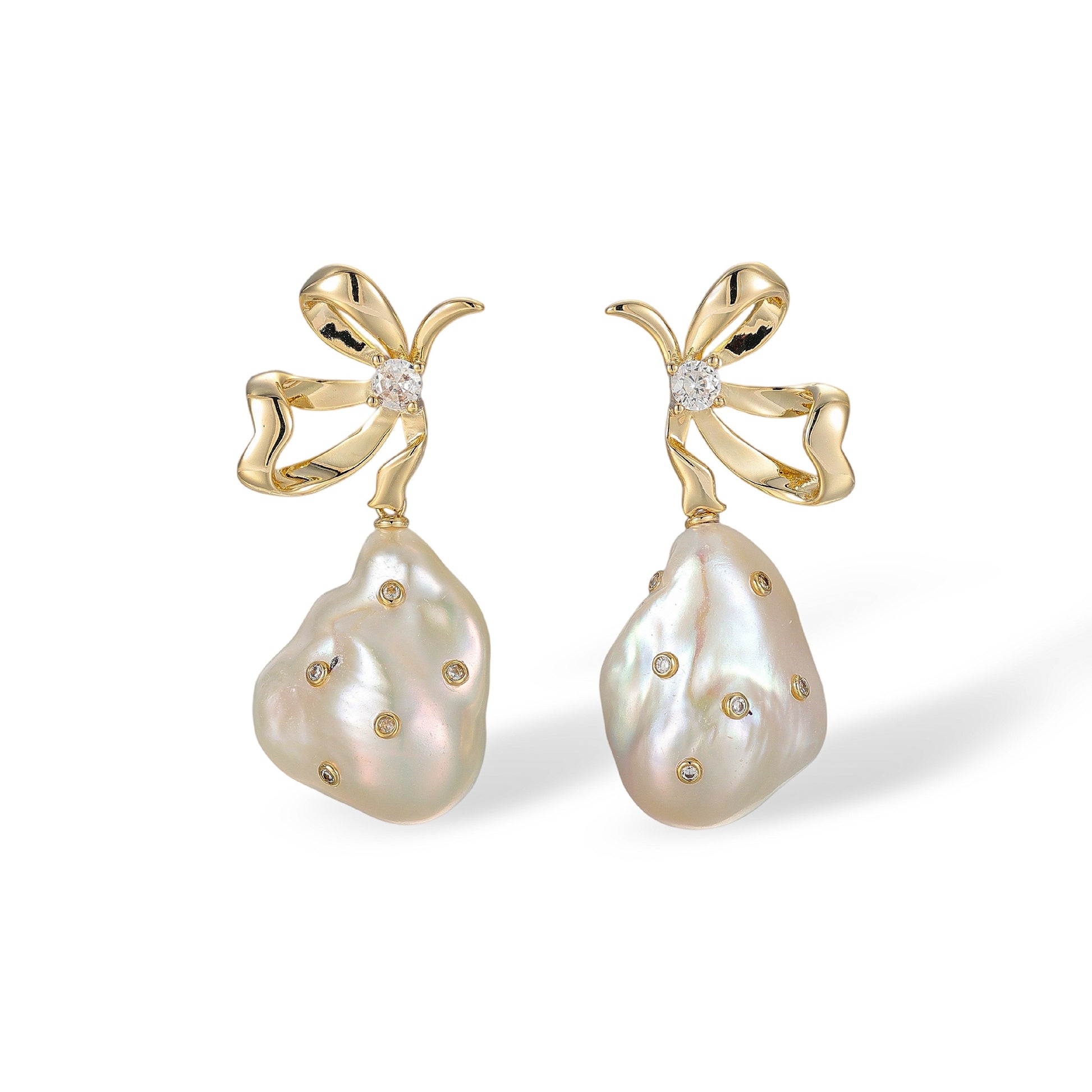 Christina White Baroque Pearl Bow Knot Earrings