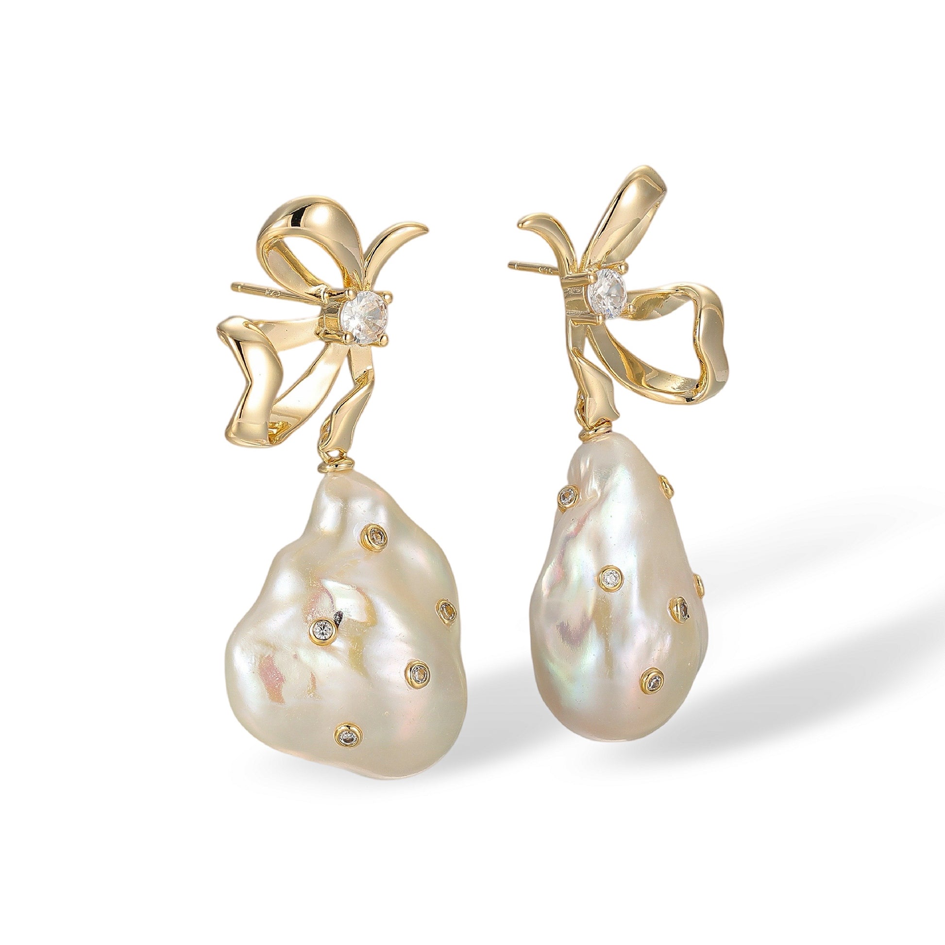Christina White Baroque Pearl Bow Knot Earrings
