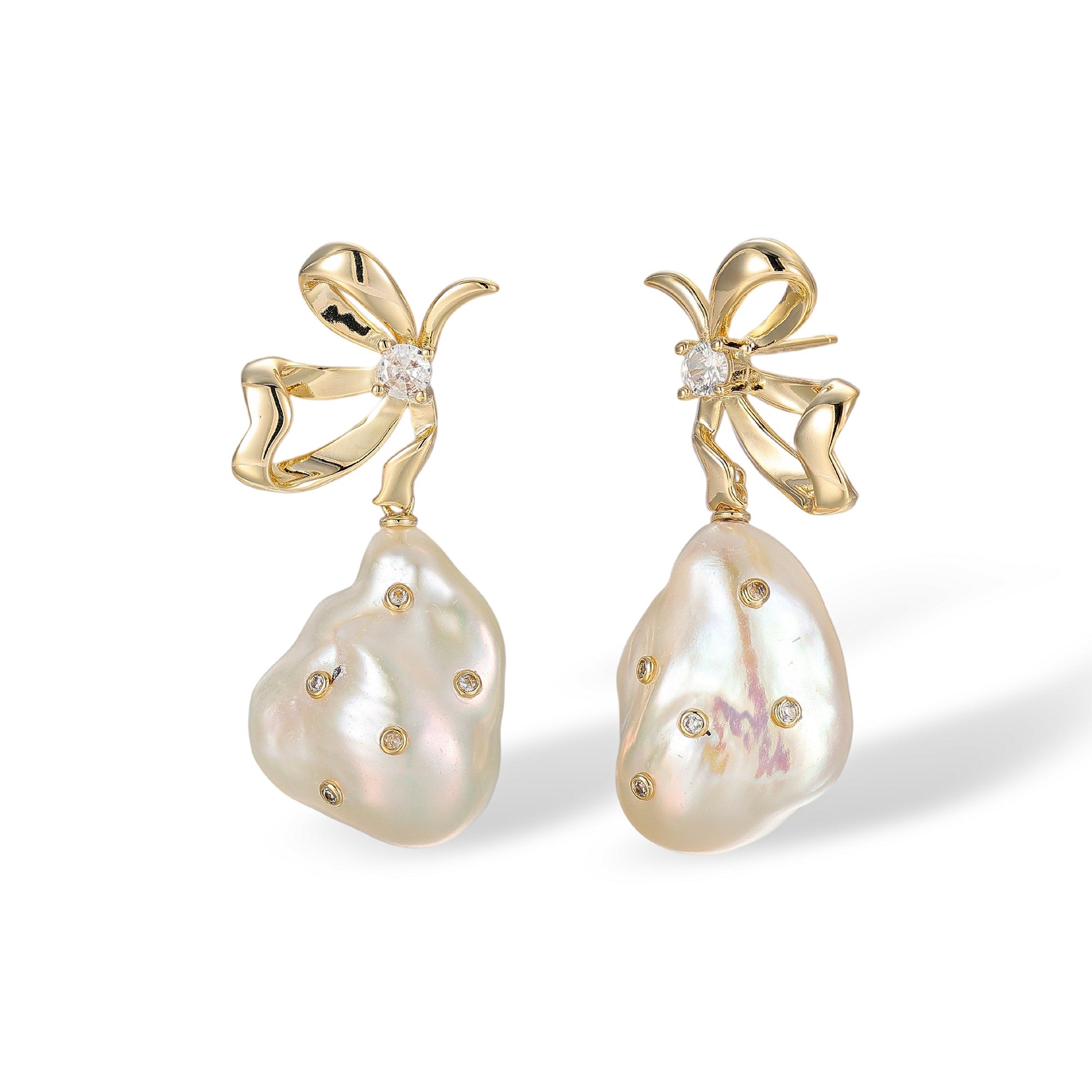 Christina White Baroque Pearl Bow Knot Earrings