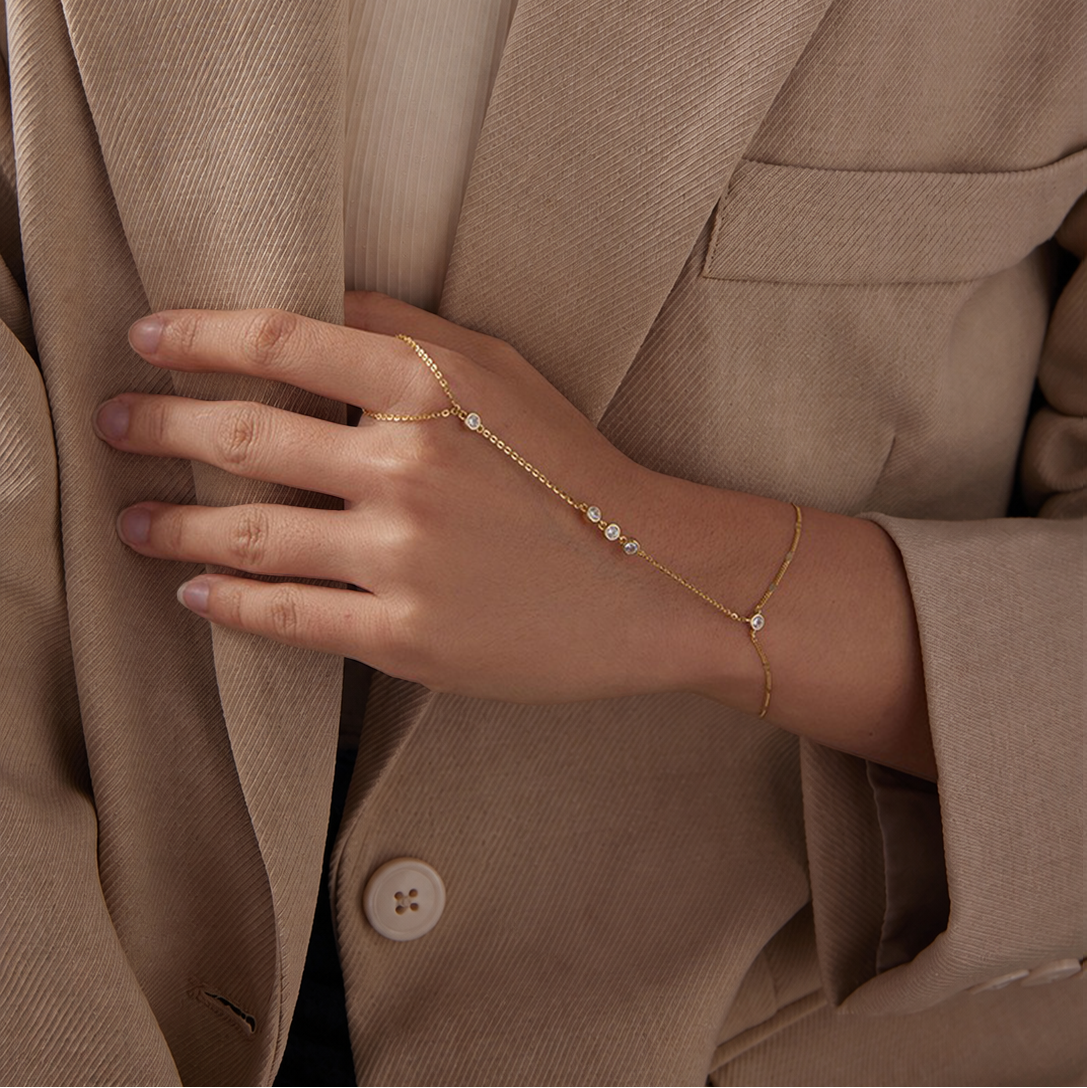Claudette 18K Gold Bezel Round Linked Finger Bracelet