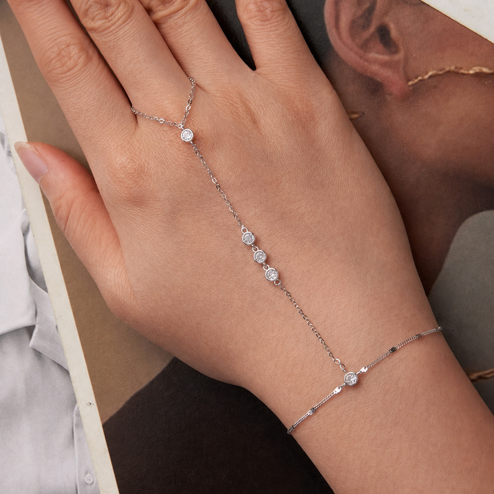 Claudette 18K Gold Bezel Round Linked Finger Bracelet