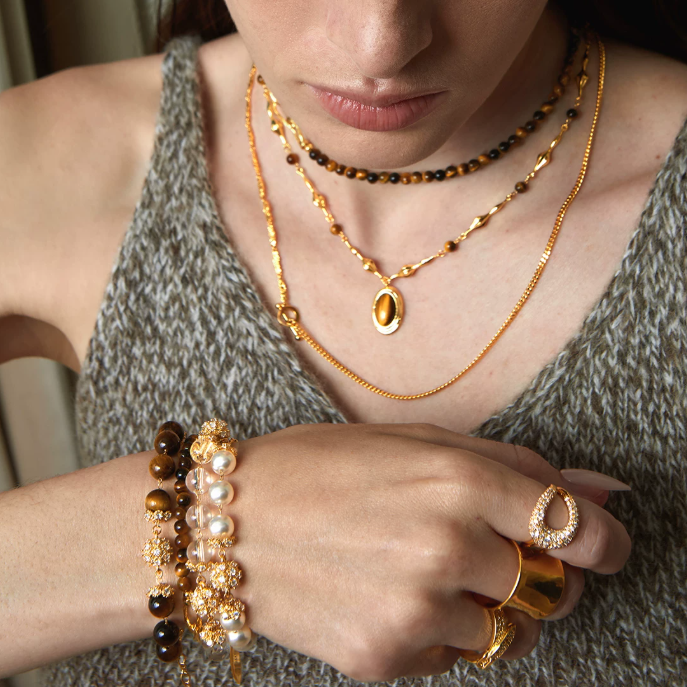 Corinna Brown Tiger Eye Bead Paperclip Link Bracelet