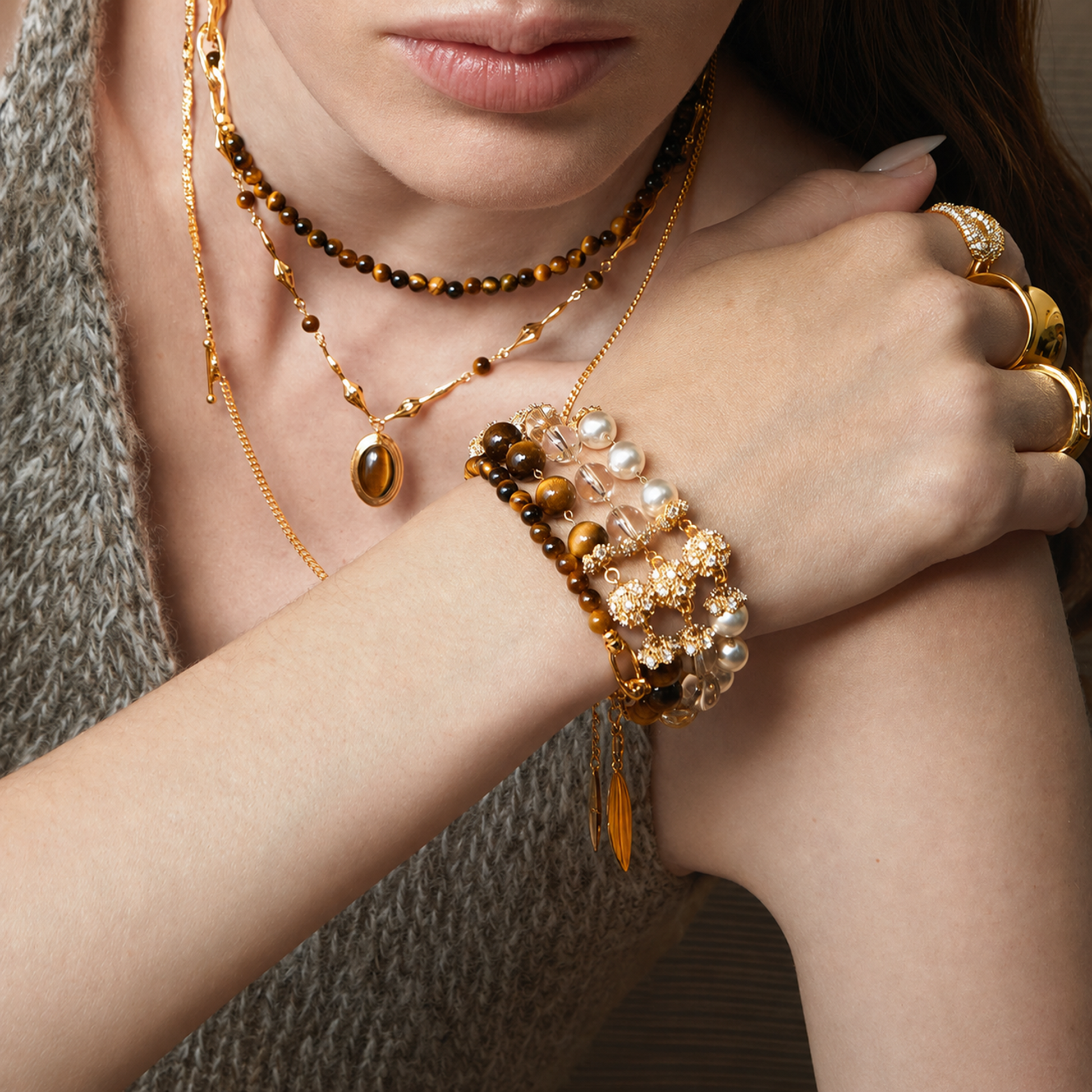 Corinna Brown Tiger Eye Bead Paperclip Link Bracelet