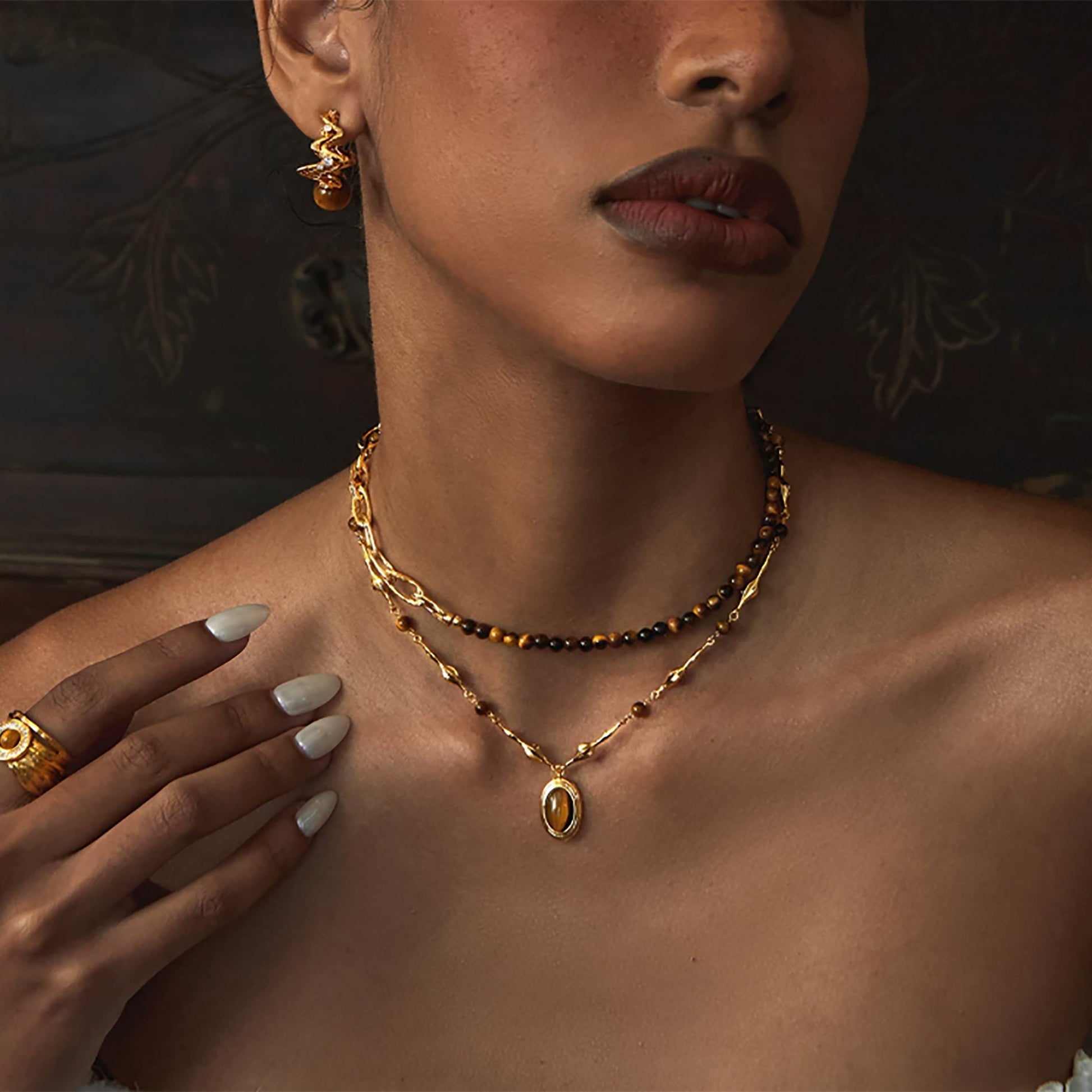 Corinna Brown Tiger Eye Bead Paperclip Link Choker Necklae