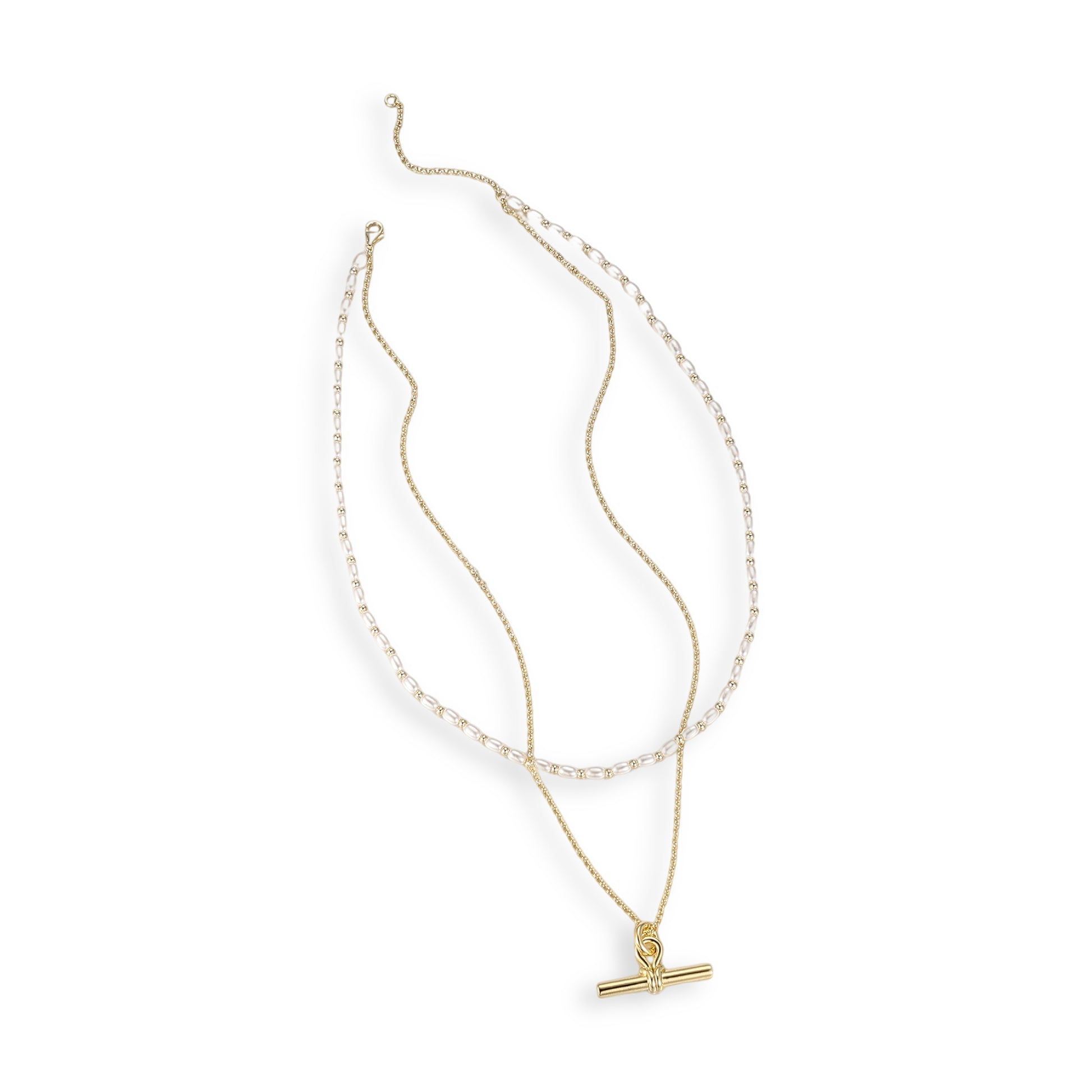 Cosette 14K Gold Knotted Loop Pearl T Bar Necklace