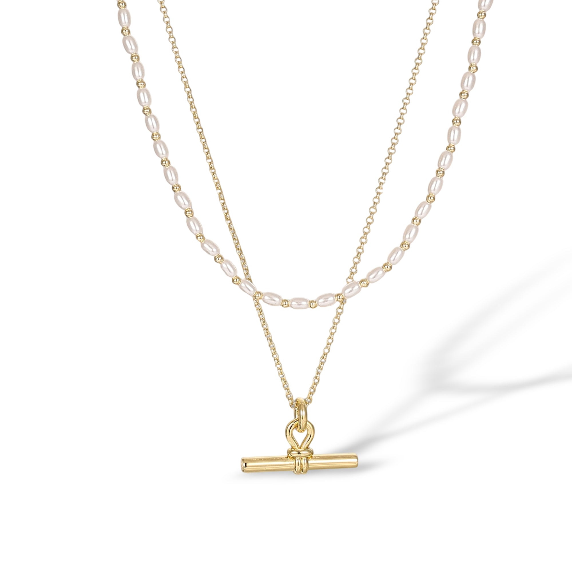 Cosette 14K Gold Knotted Loop Pearl T Bar Necklace