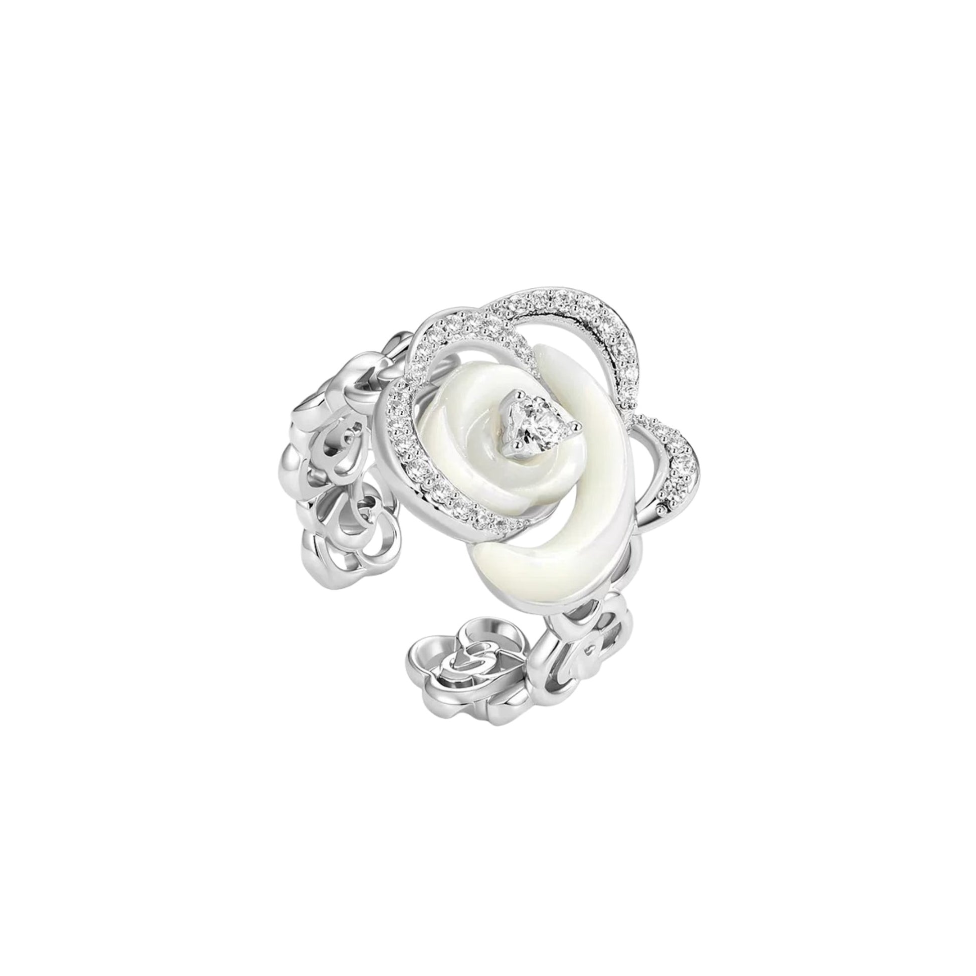 Cosima White Rose Mother-of-Pearl Floral Open Ring