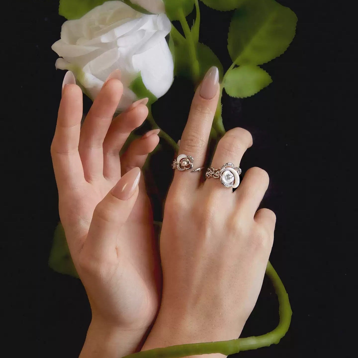 Cosima White Rose Mother-of-Pearl Floral Open Ring