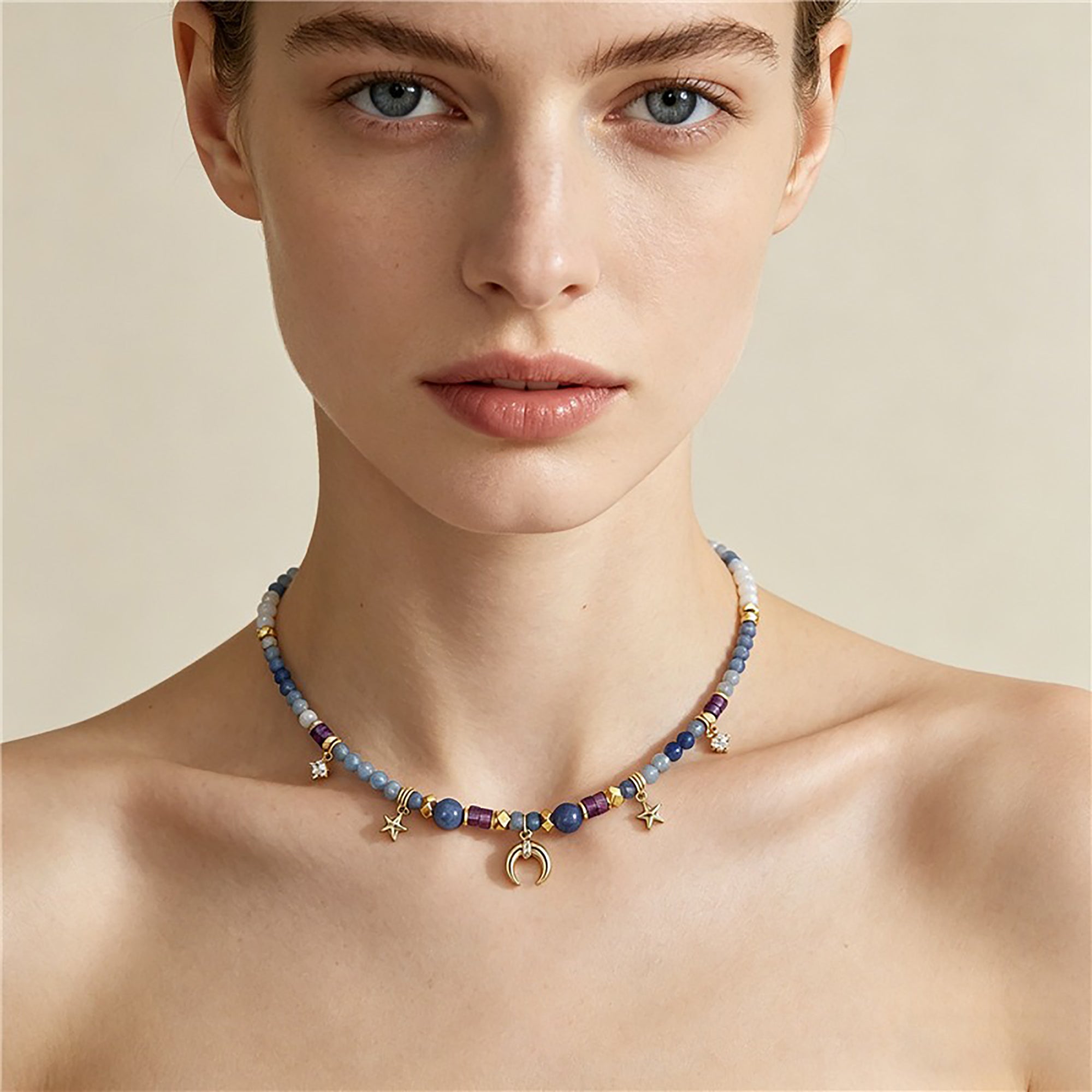 Dagtrud Blue Star Moon Natural Stone Necklace