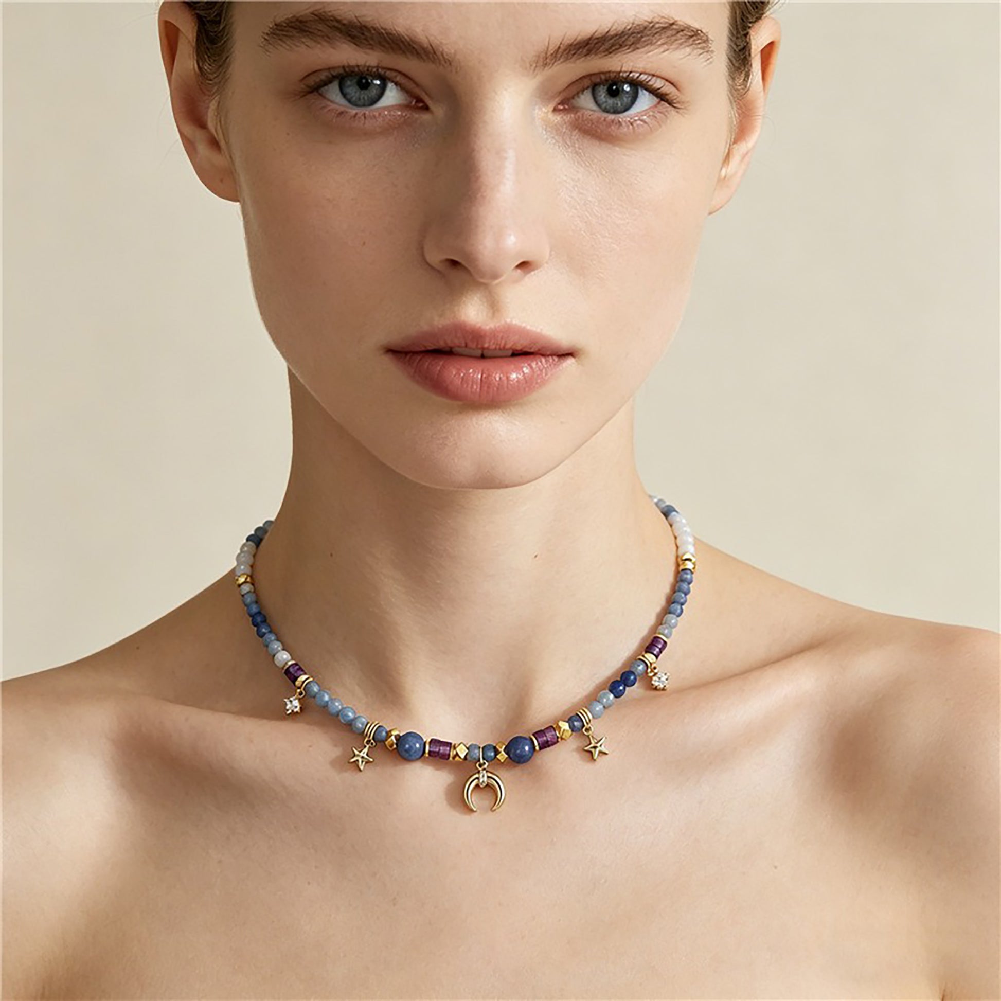 Dagtrud Blue Star Moon Natural Stone Necklace