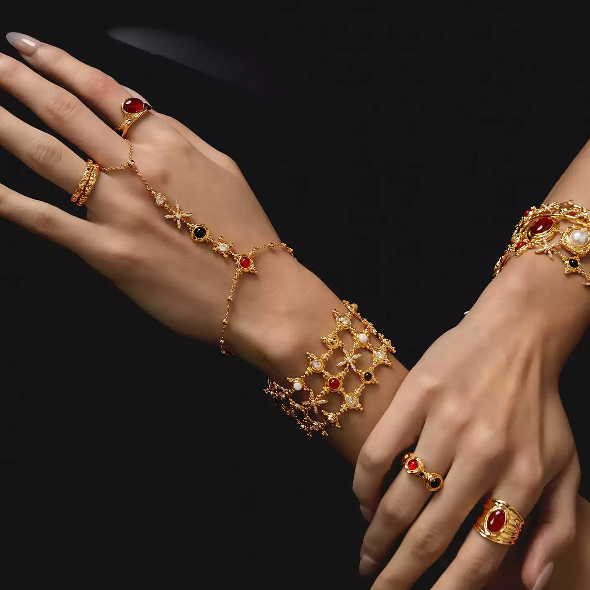 Dalmace 24K Gold Starburst Round Linked Finger Bracelet
