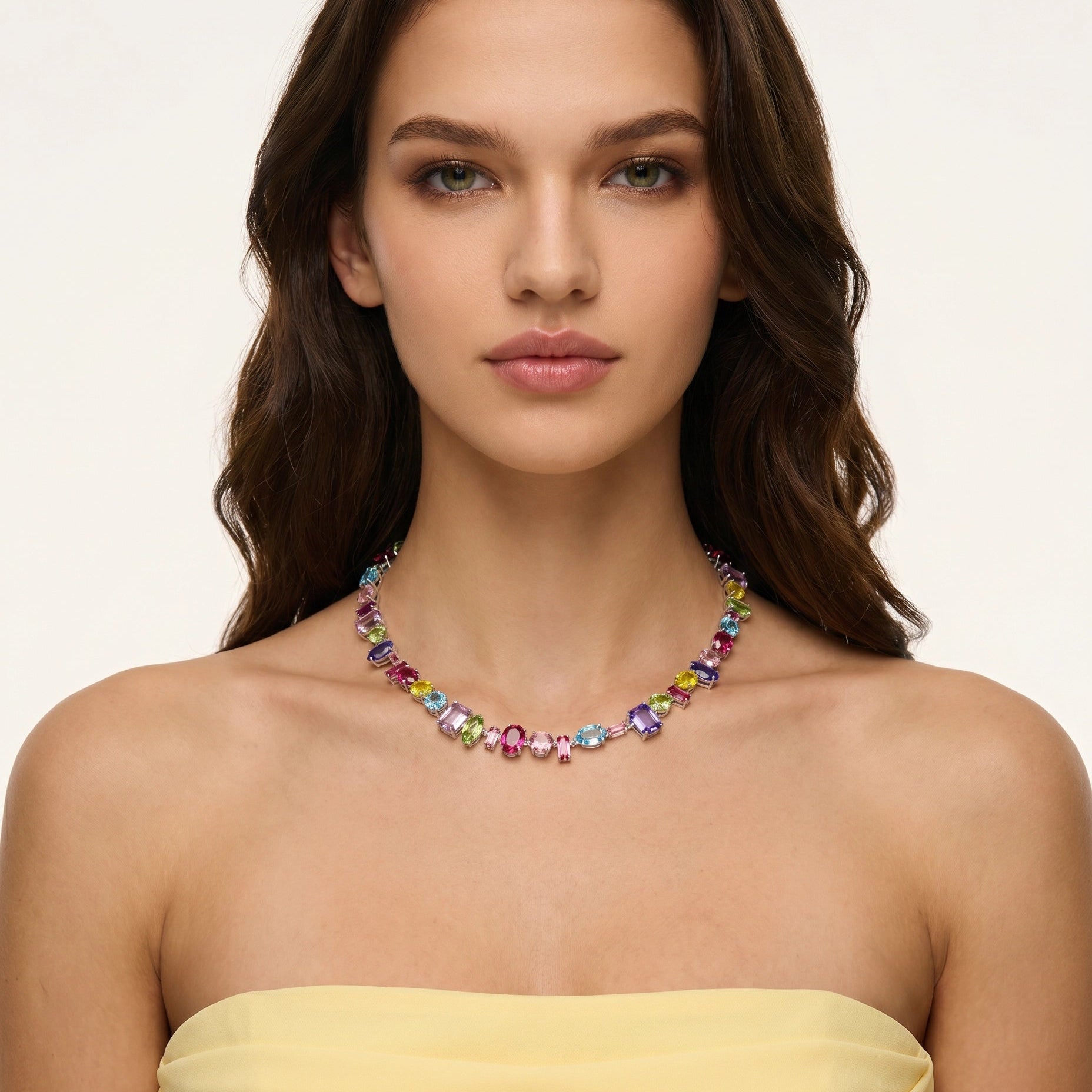 Multicolor Vibrant Crystal Choker with Mixed Geometric Cuts - Rainbow Gemstone Style Necklace