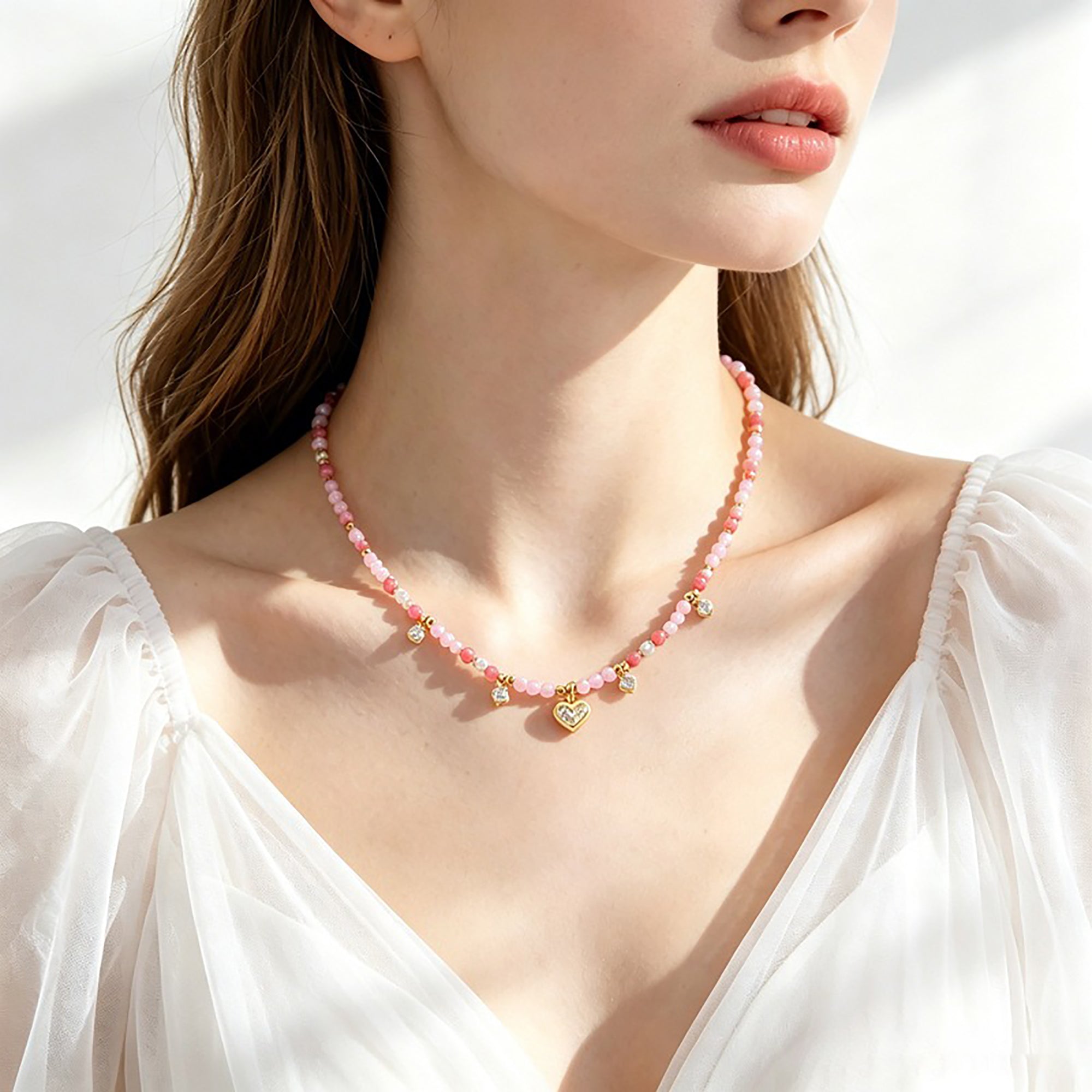 Elsberta Pink Heart Natural Stone Necklace