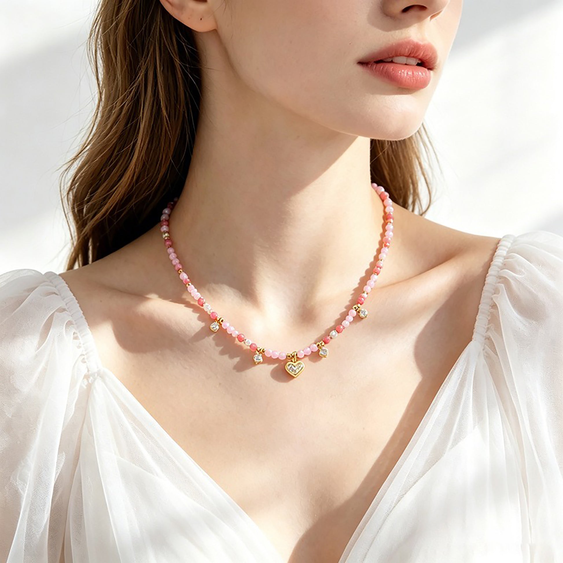 Elsberta Pink Heart Natural Stone Necklace