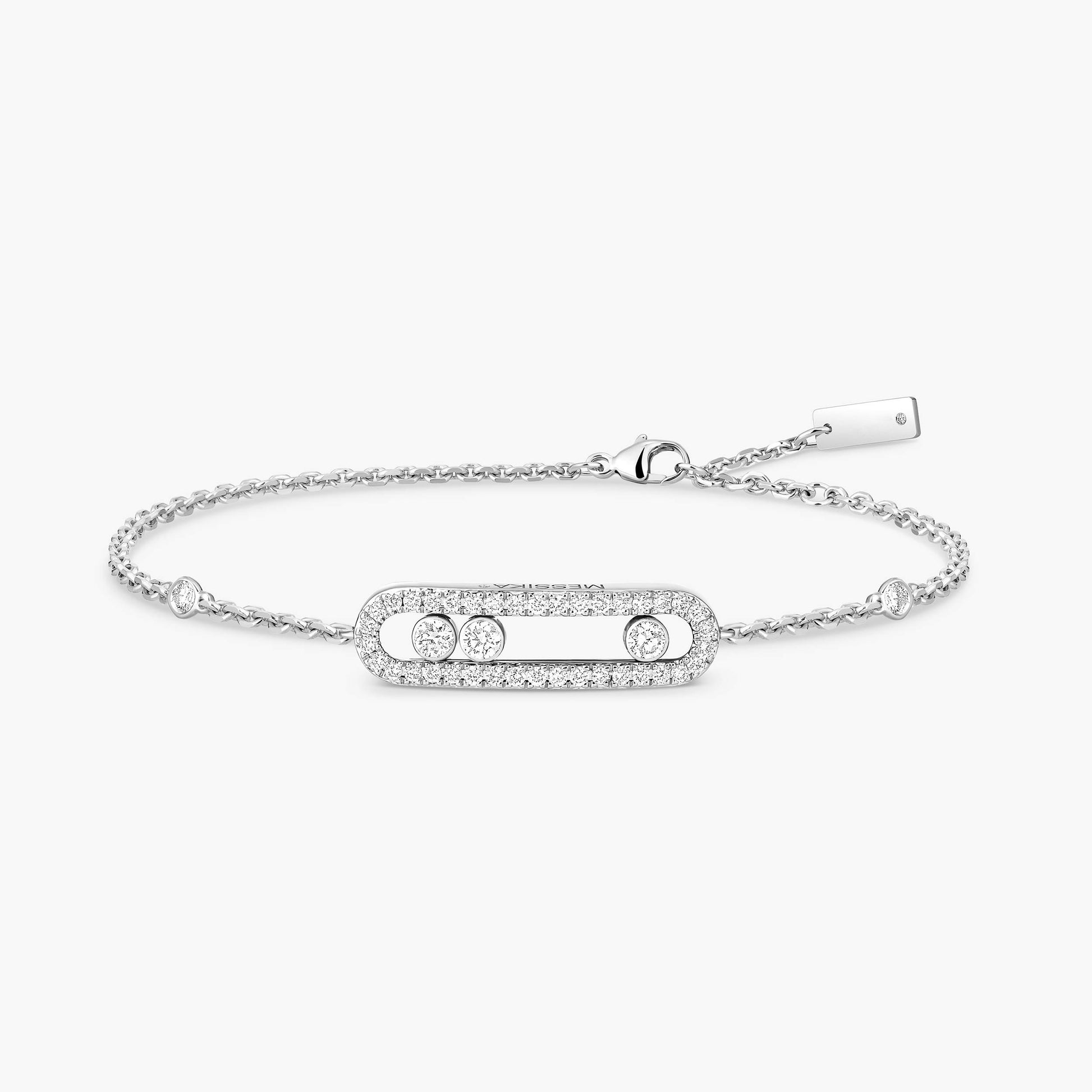 Gold Delicate Chain Bracelet with Oval Diamond Slider Frame - 3 Rolling Stones Pavé Jewelry