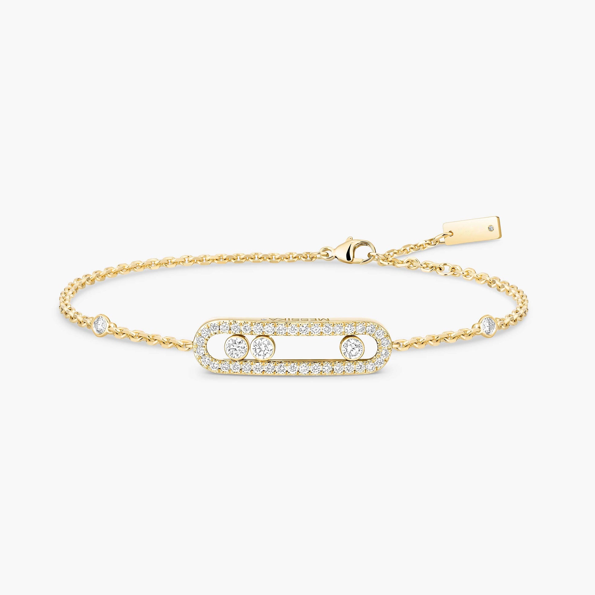 Gold Delicate Chain Bracelet with Oval Diamond Slider Frame - 3 Rolling Stones Pavé Jewelry