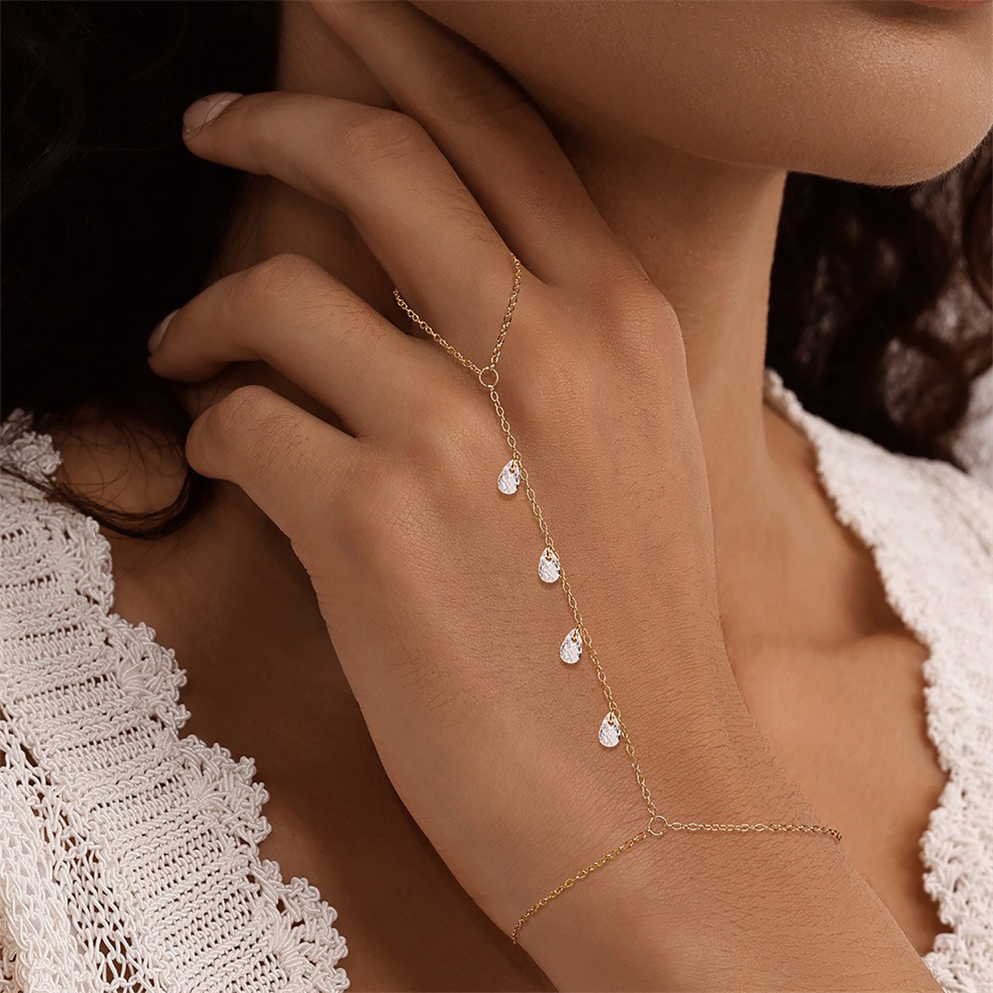 Friedmina 14K Gold Teardrop Linked Finger Bracelet