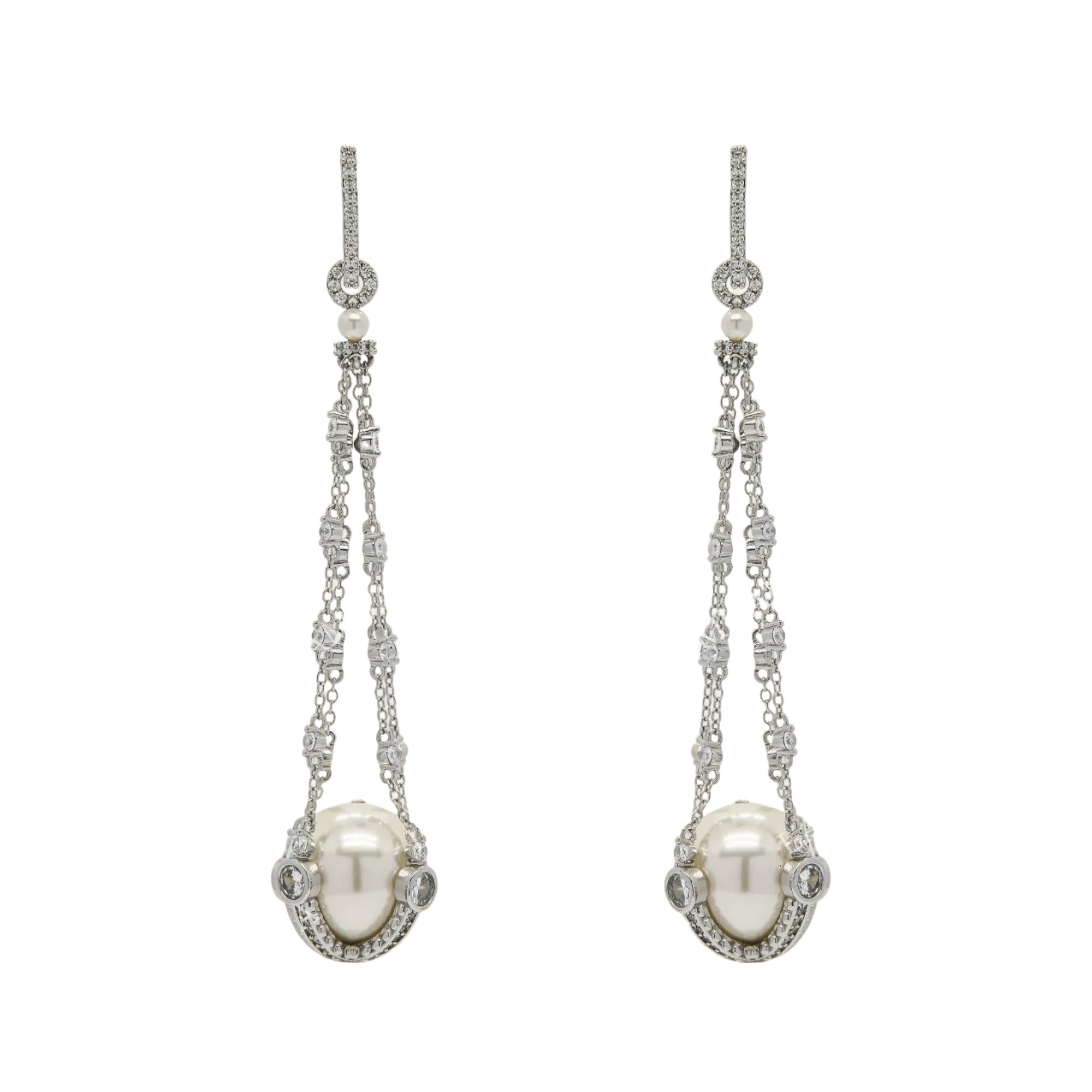 Godrunia White Pearl Cage Drop Earrings