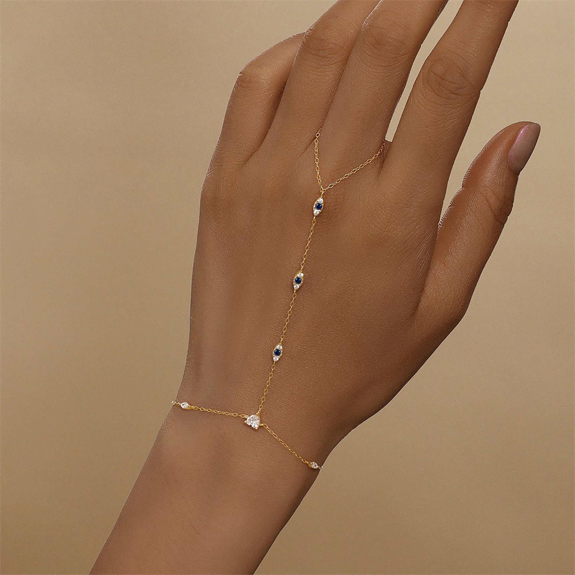 Gundswind 14K Gold Heart Evil Eye Linked Finger Bracelet