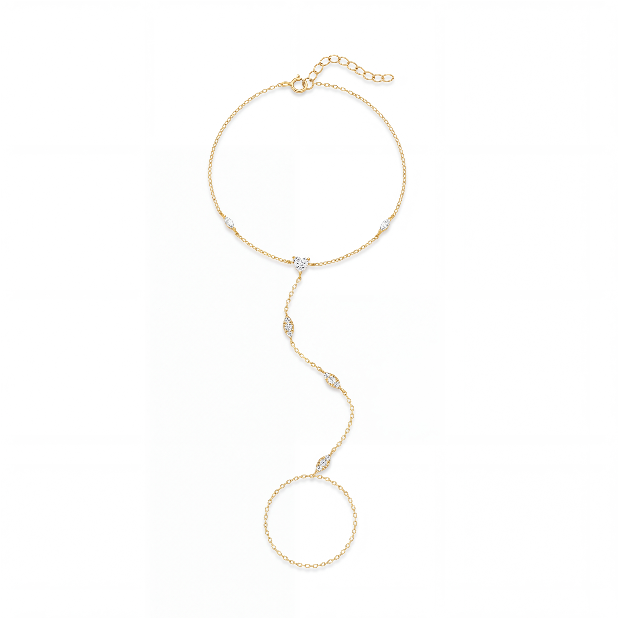 Gundswind 14K Gold Heart Marquise Linked Finger Bracelet