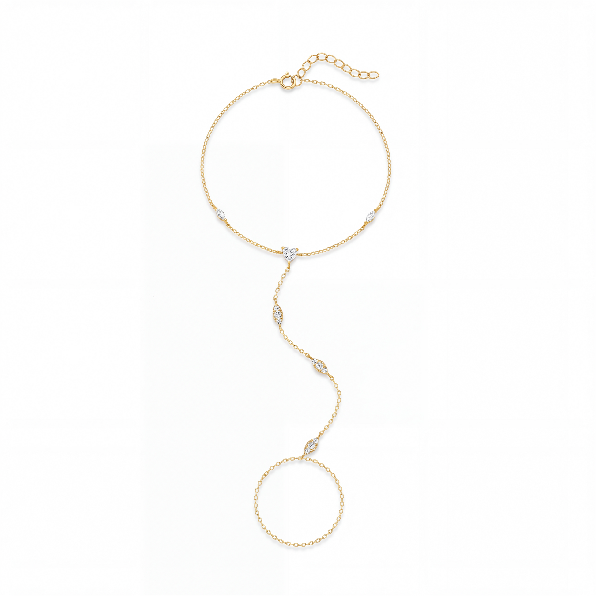 Gundswind 14K Gold Heart Marquise Linked Finger Bracelet
