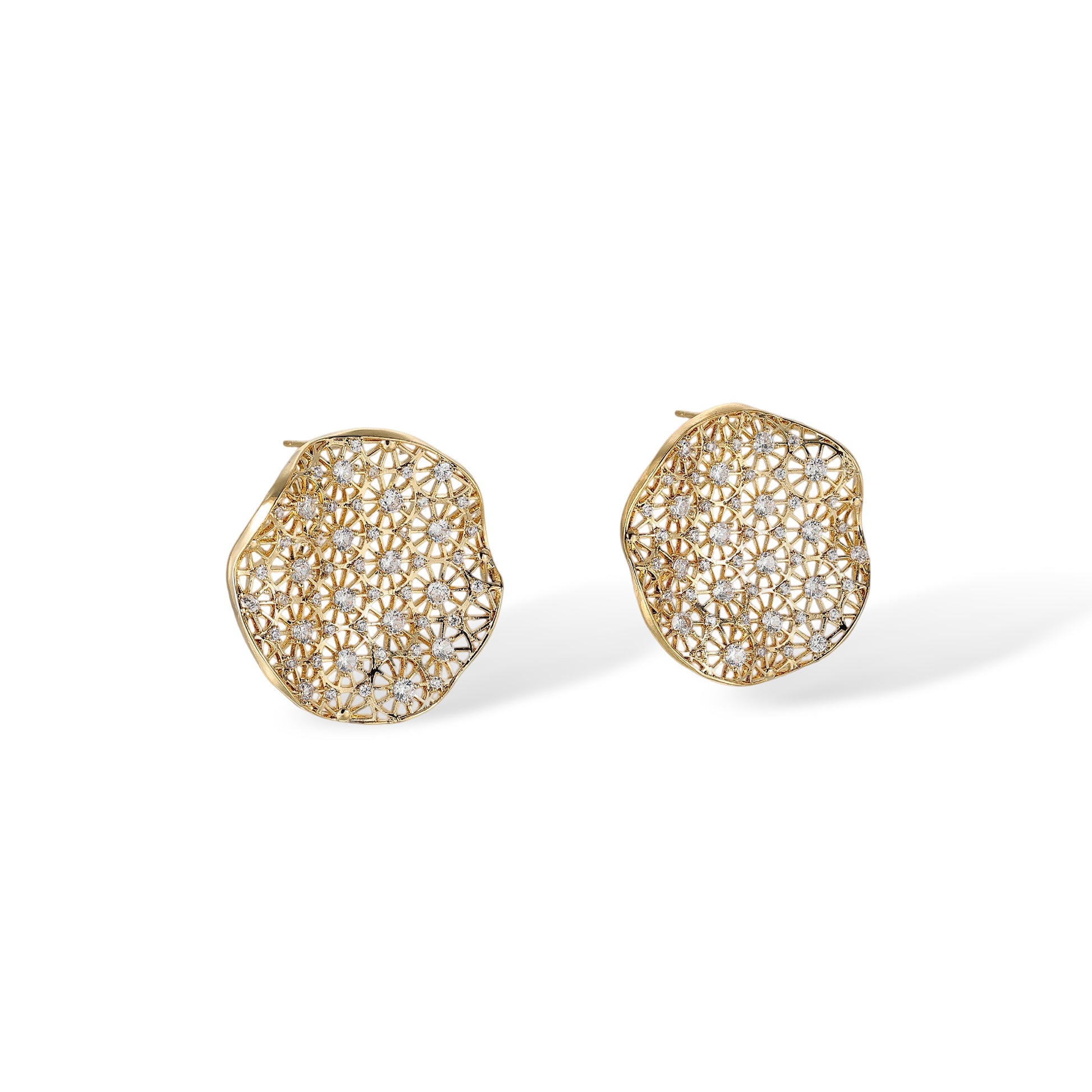 Lanelle 16K Gold Openwork Lattice Round Disc Earrings