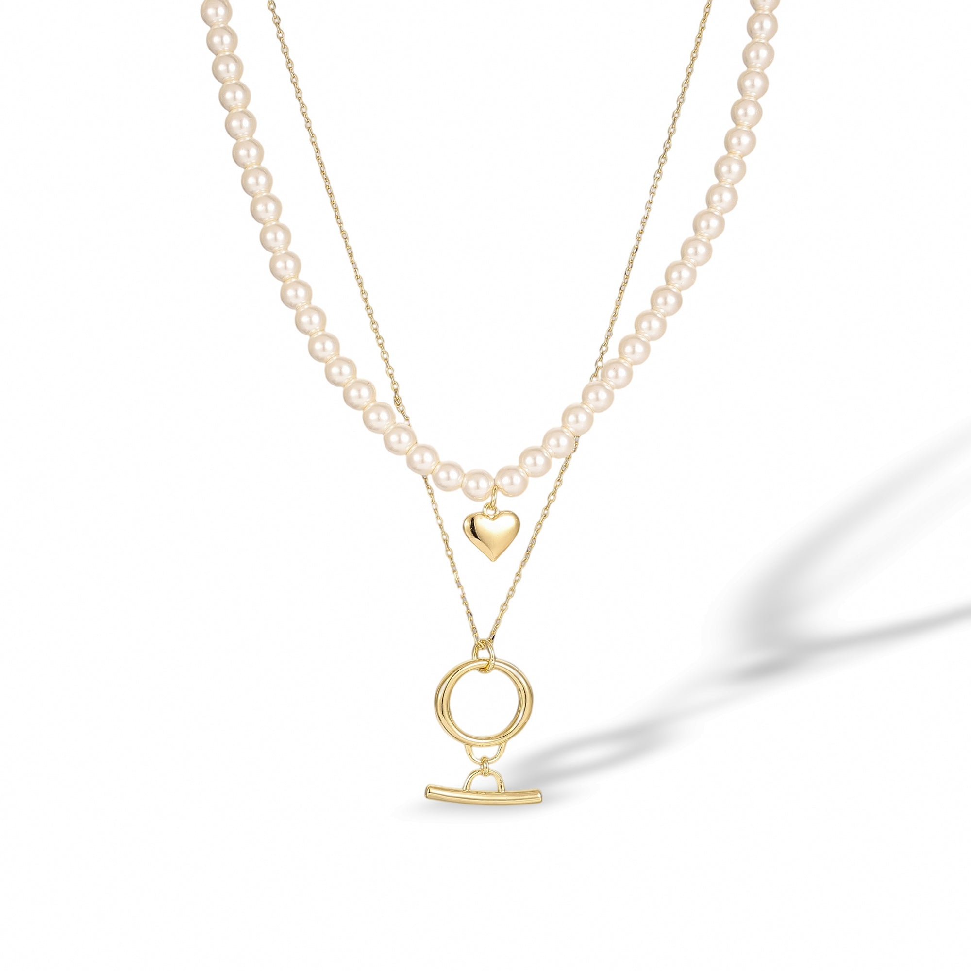 Lucette 14K Gold Double-Layer Pearl Heart T Bar Necklace