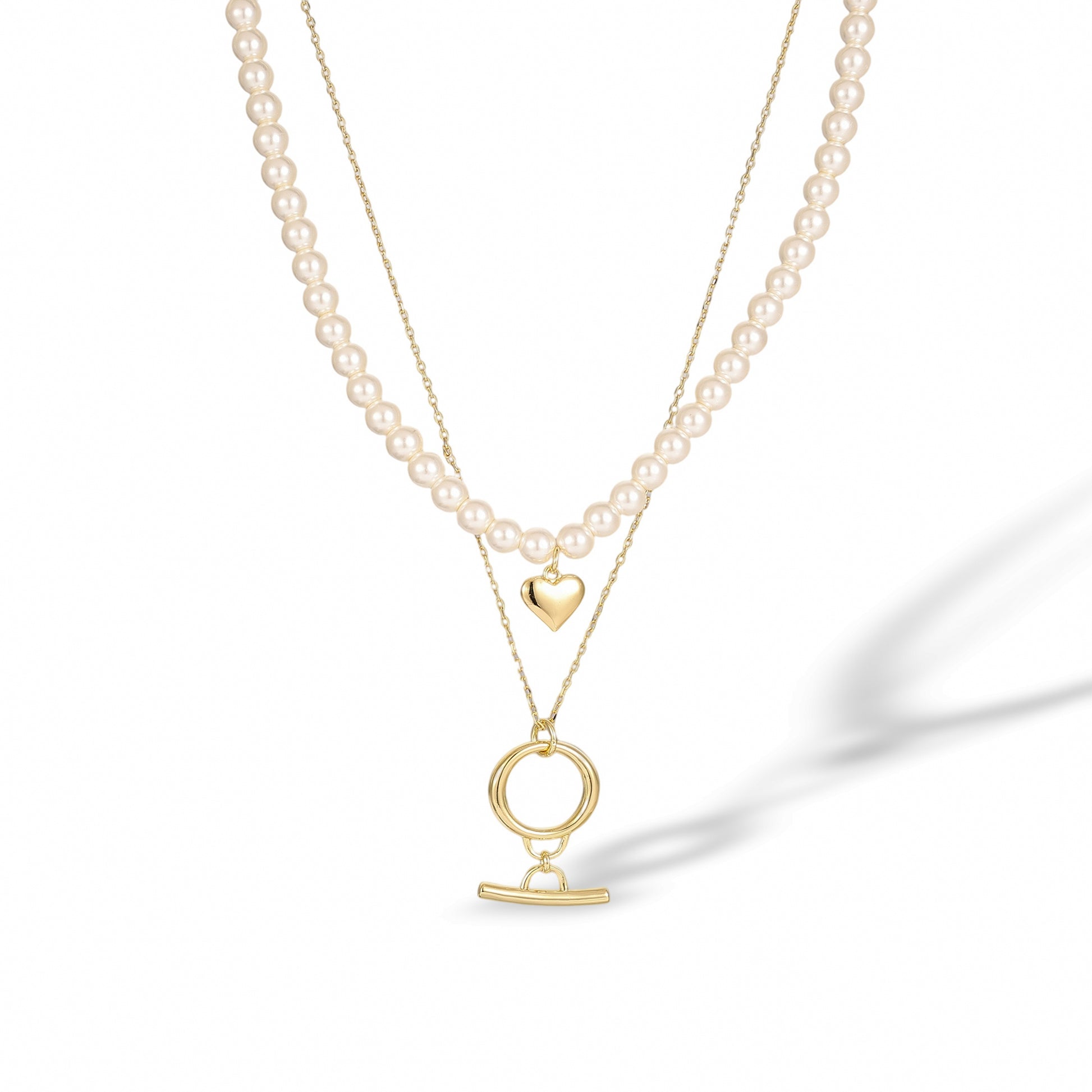 Lucette 14K Gold Double-Layer Pearl Heart T Bar Necklace