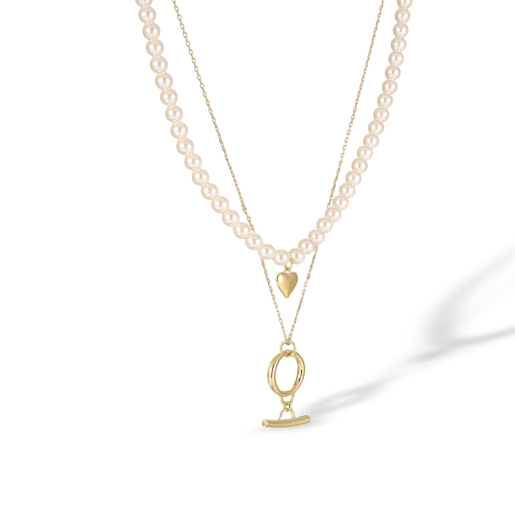 Lucette 14K Gold Double-Layer Pearl Heart T Bar Necklace