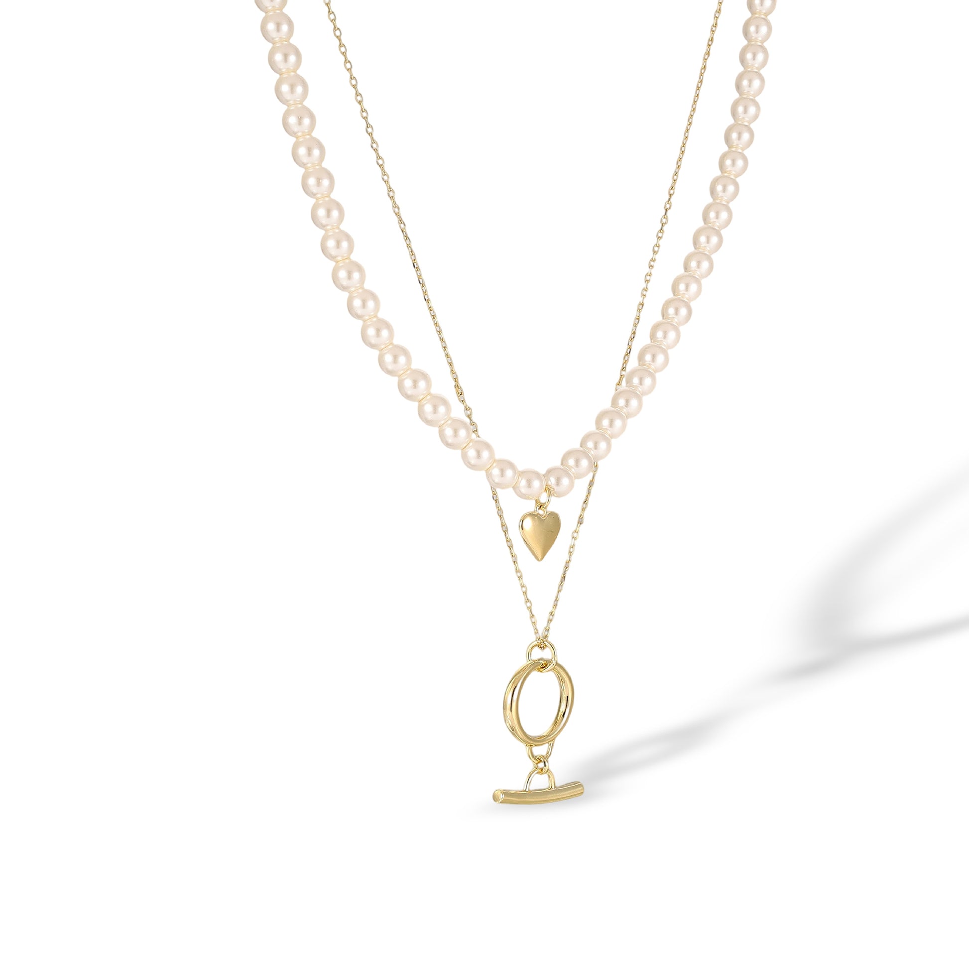 Lucette 14K Gold Double-Layer Pearl Heart T Bar Necklace