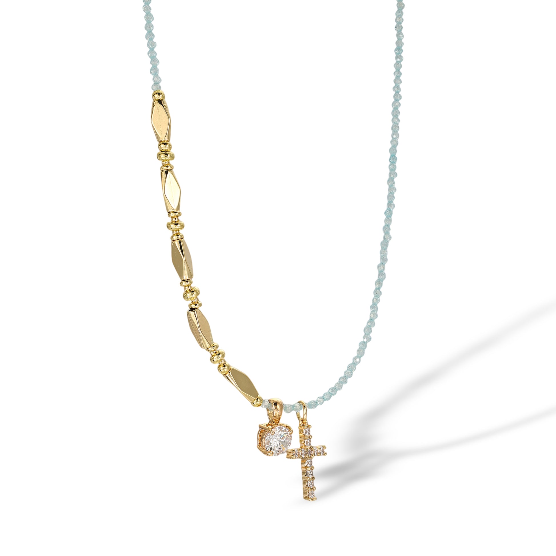 Maria Blue Crystal Cross Round Necklace