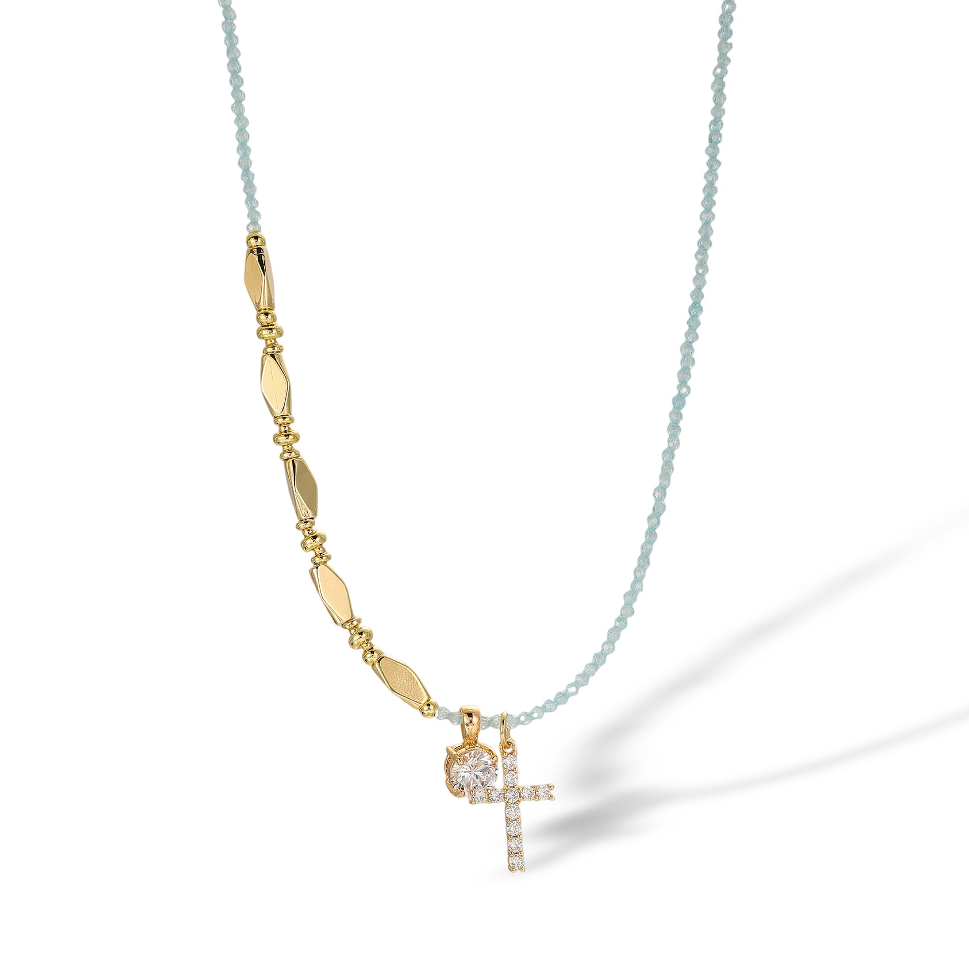 Maria Blue Crystal Cross Round Necklace