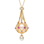Gold pearl pendant necklace with ruby accents, featuring a large pearl encased in a gold chain cage with a smaller pearl drop