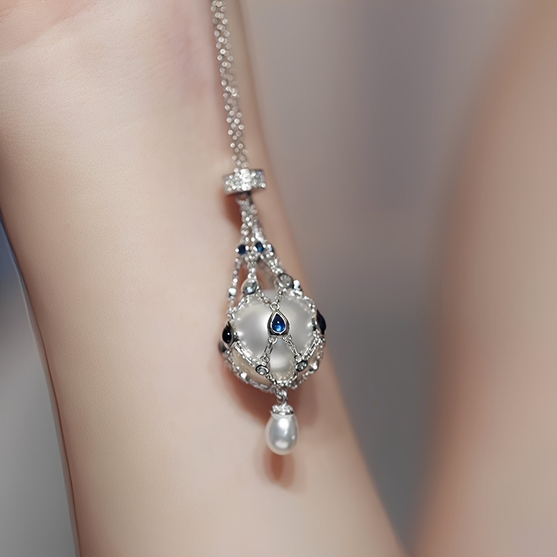 Pearl Caged in Blue Sapphire and Diamond Chain Mesh - Luxury Pearl Net Pendant