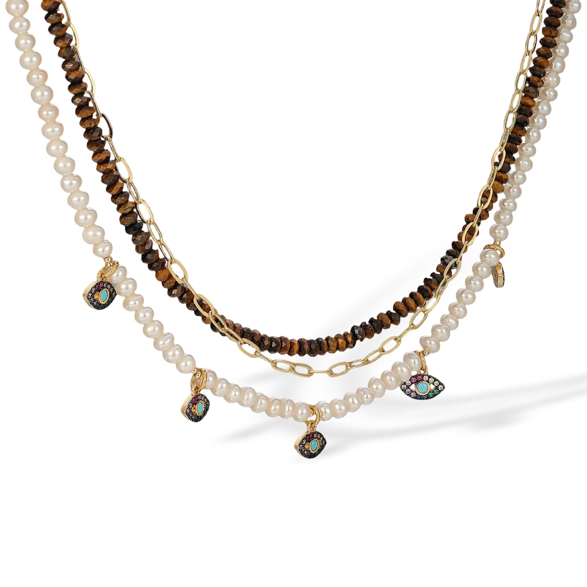 Rosanna Multicolor Three Layer Pearl Eye Necklace