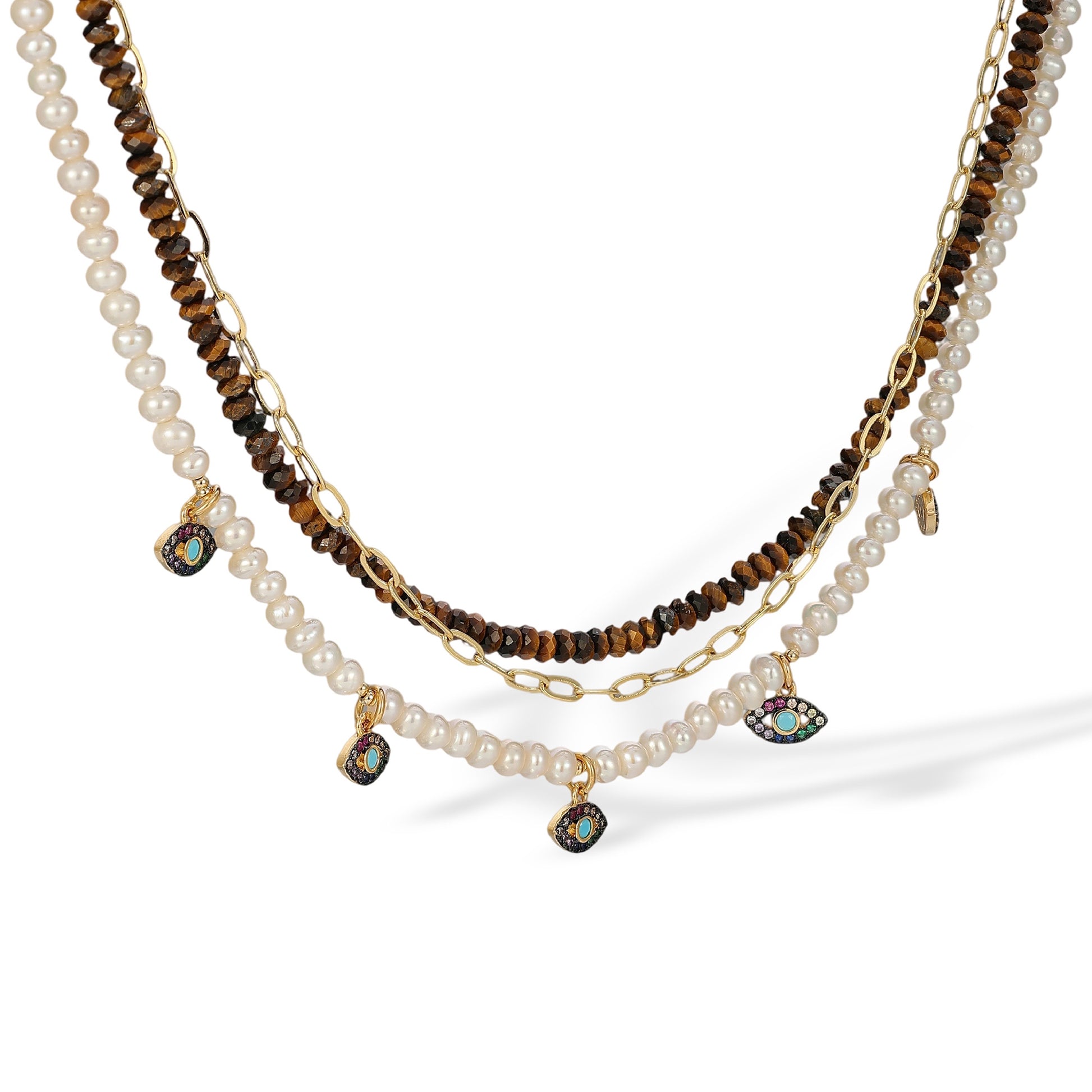 Rosanna Multicolor Three Layer Pearl Eye Necklace