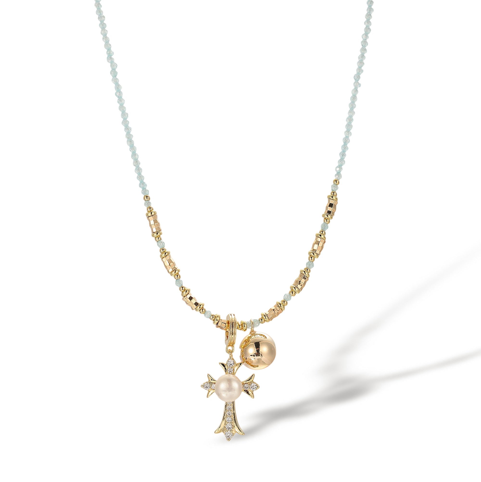 Sofia Blue Crystal Pearl Cross Necklace