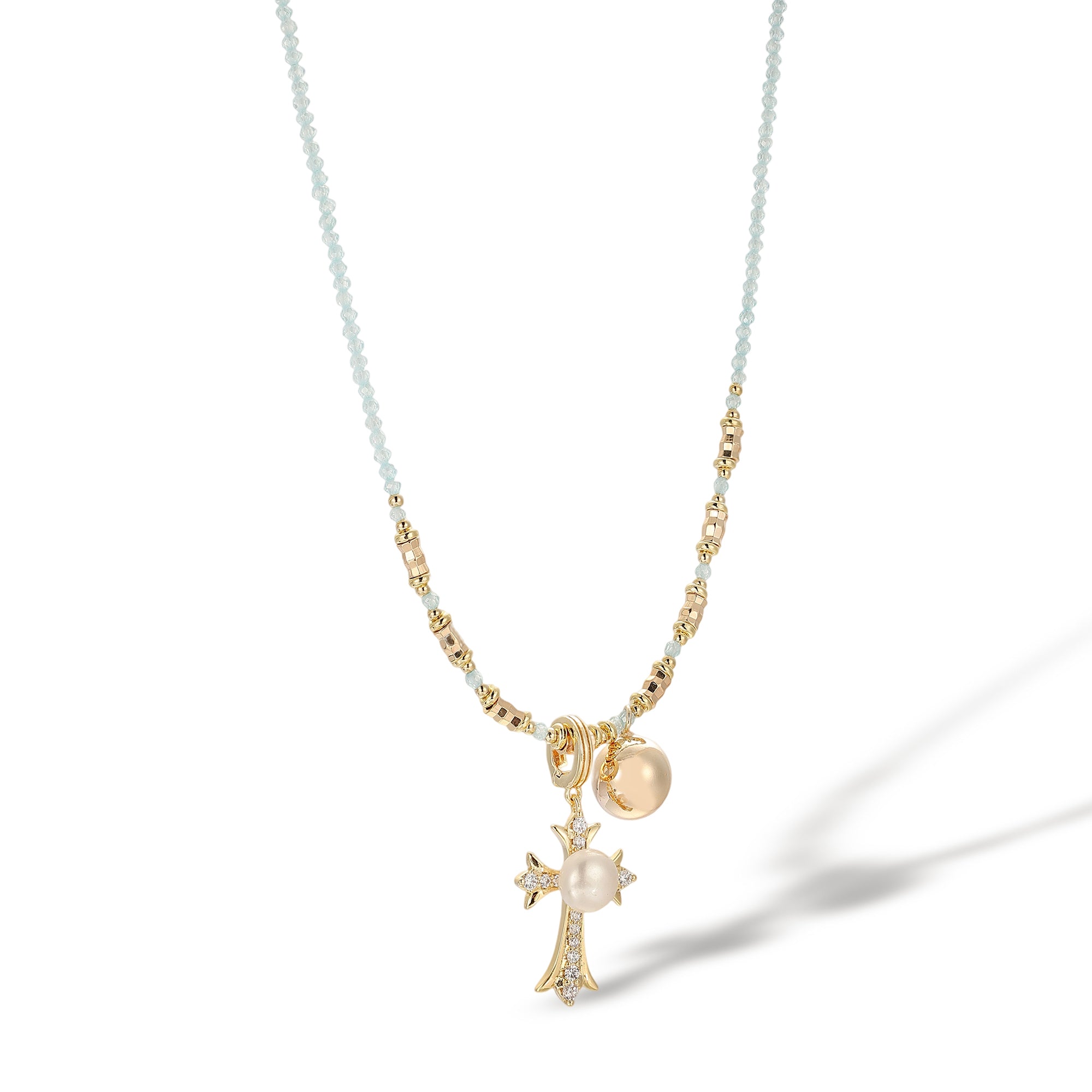 Sofia Blue Crystal Pearl Cross Necklace