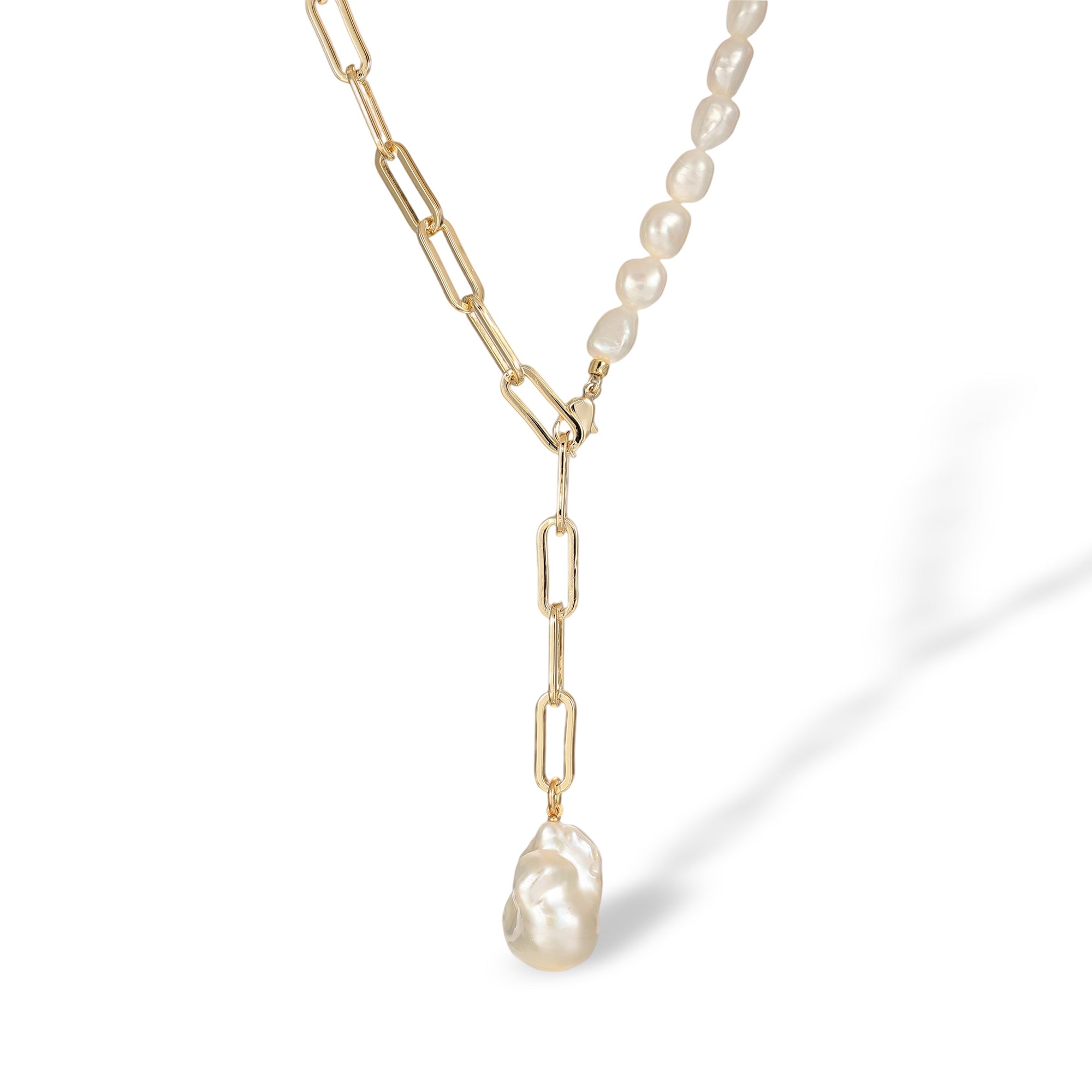 Stina White Baroque Pearl Paperclip Link Necklace