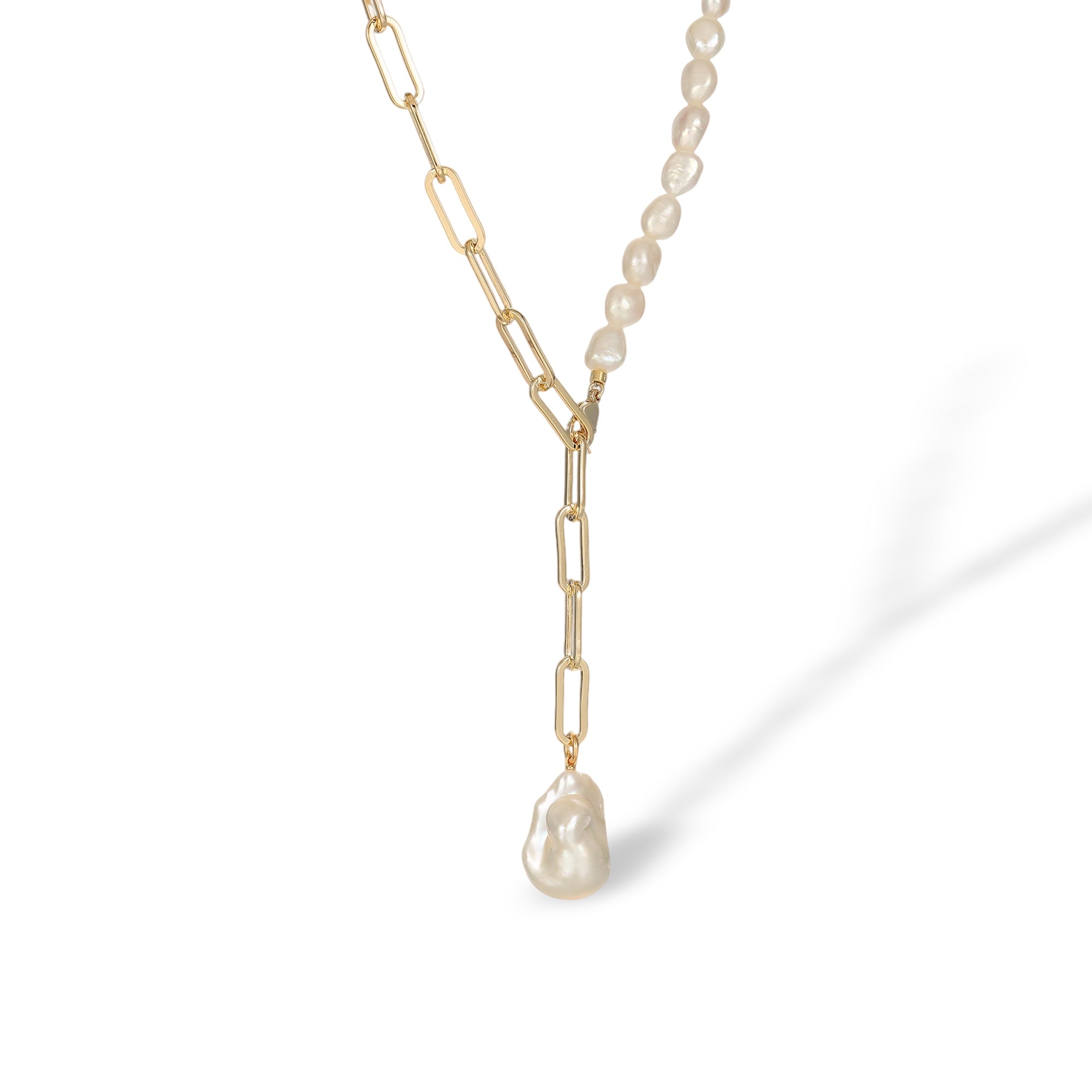 Stina White Baroque Pearl Paperclip Link Necklace