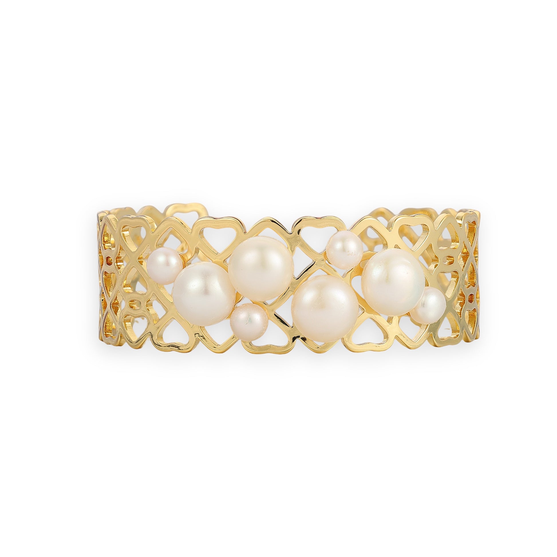 Tania 14K Gold Pearl Heart Open Bangle