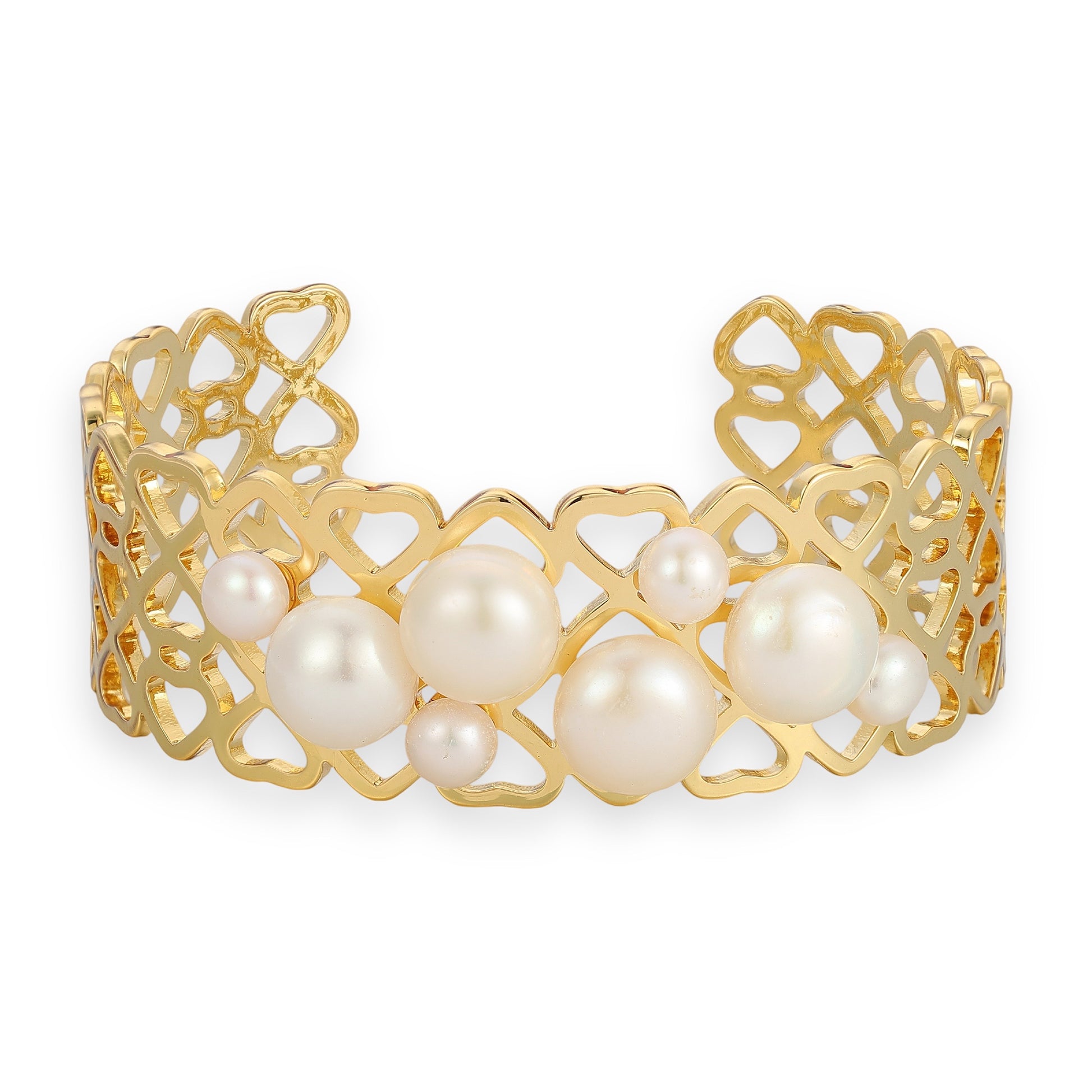 Tania 14K Gold Pearl Heart Open Bangle