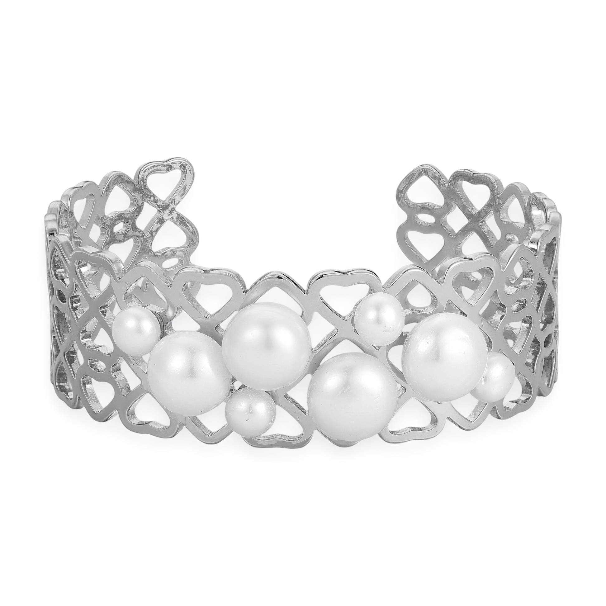 Tania 14K Gold Pearl Heart Open Bangle