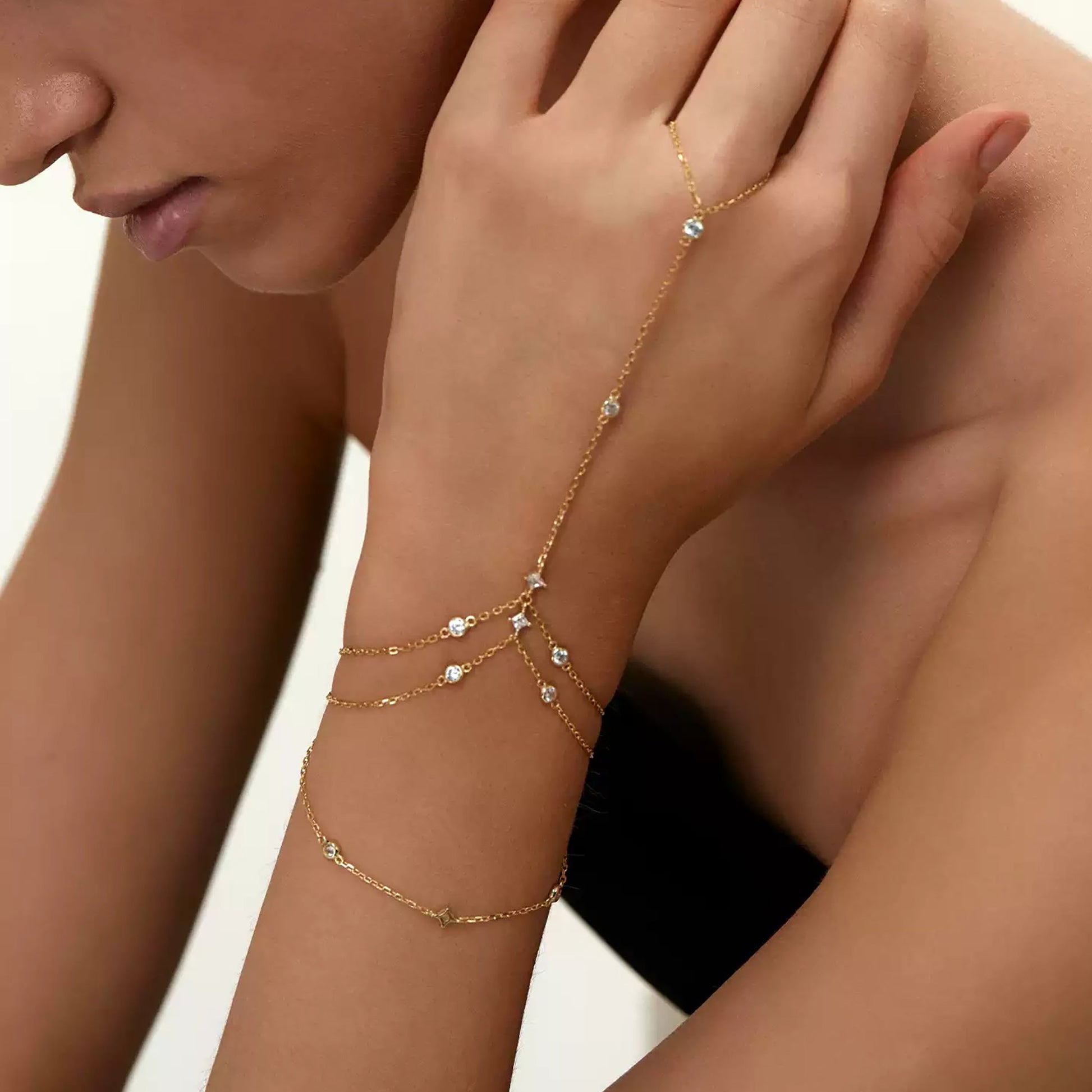 Trude 18K Gold Layered Round Square Linked Finger Bracelet