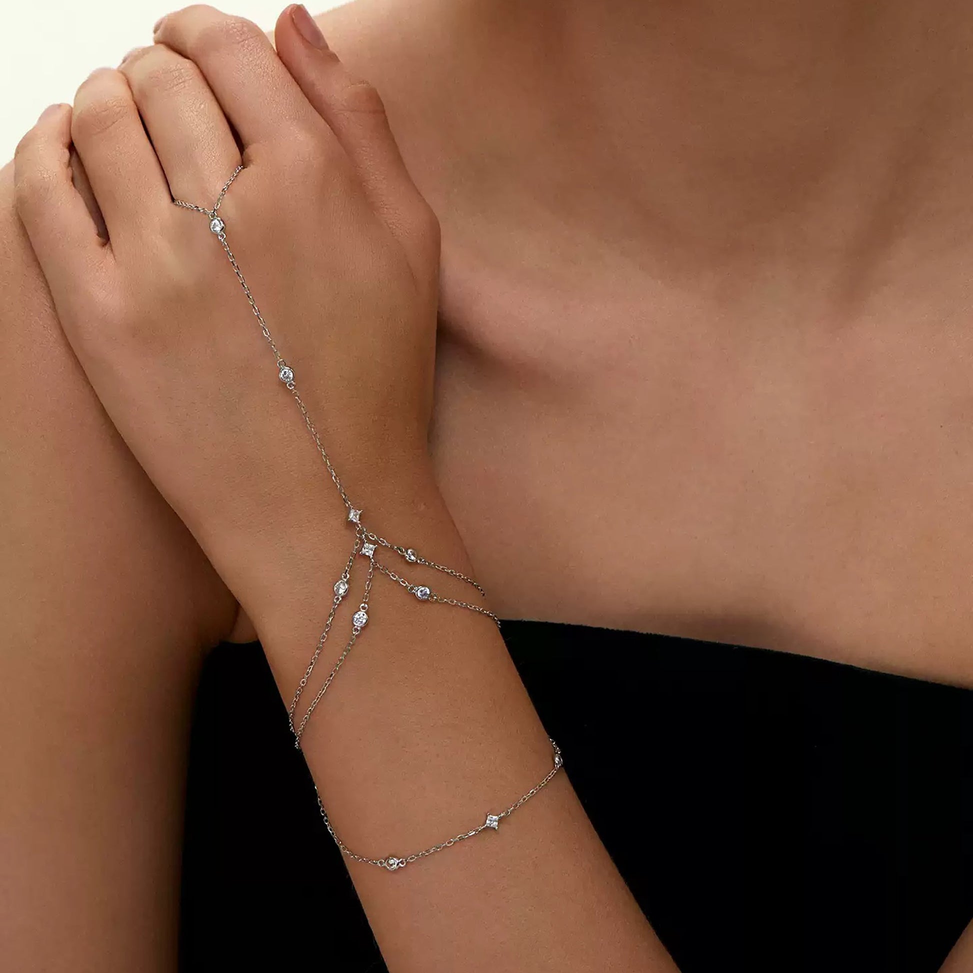 Trude 18K Gold Layered Round Square Linked Finger Bracelet