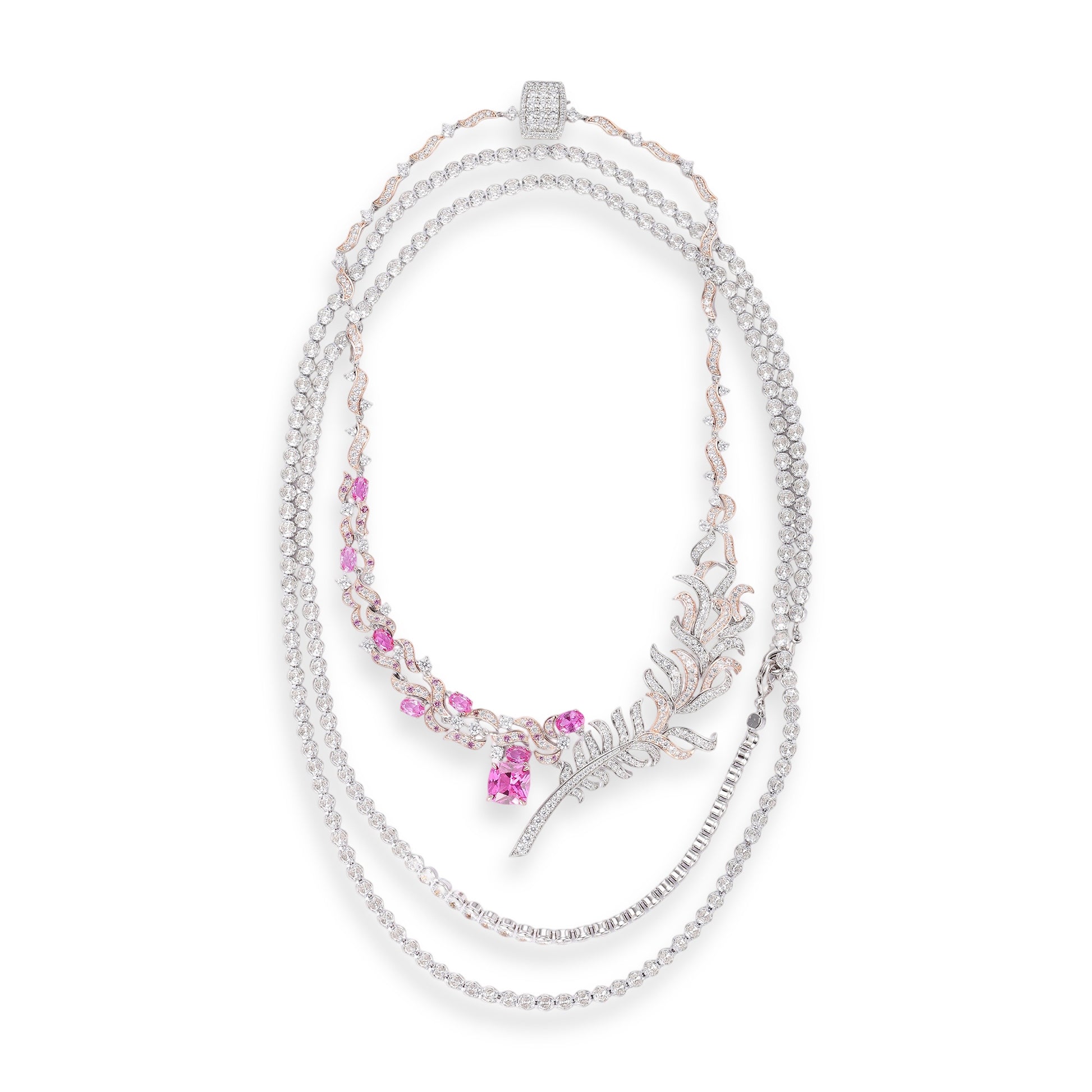 Viviana Pink Plume Tennis Two Layer Necklace