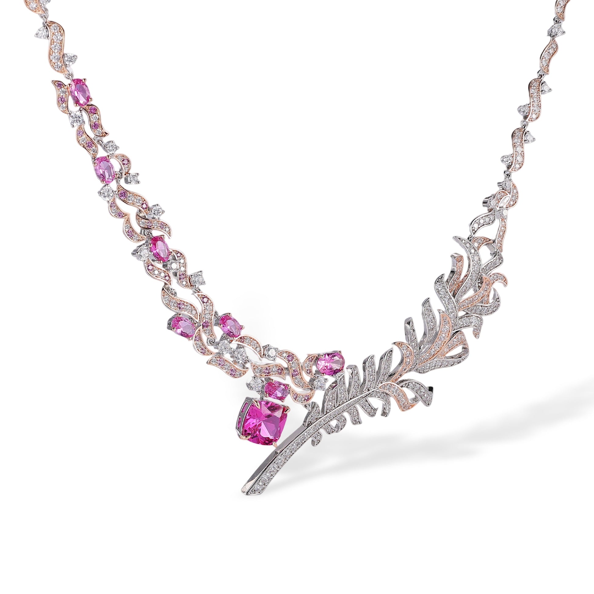 Viviana Pink Plume Tennis Two Layer Necklace